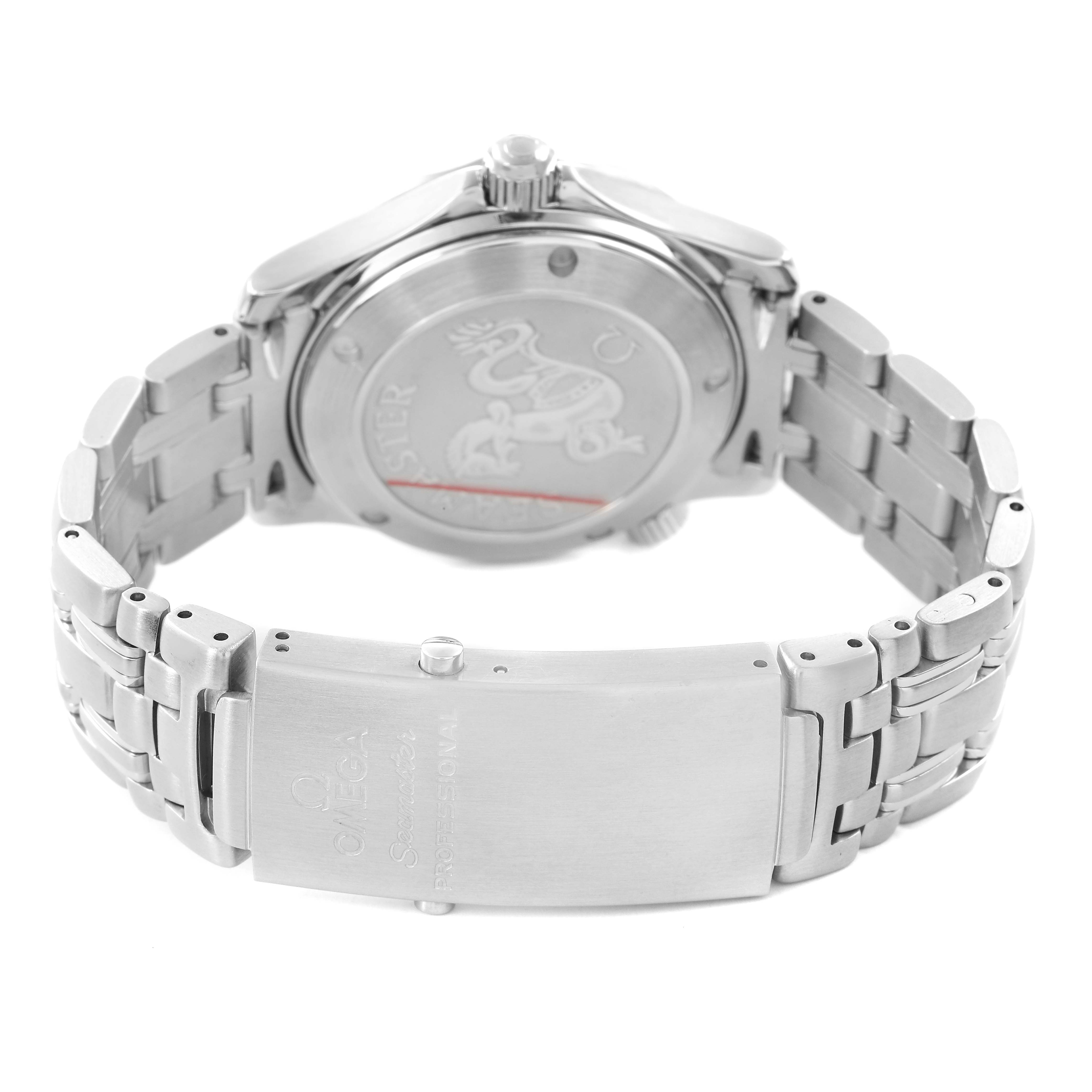 The image shows the Omega Seamaster 212.30.36.20.01.001 Men's Stainless Steel Black Dial watch from the back, highlighting the case back and the metal bracelet clasp.