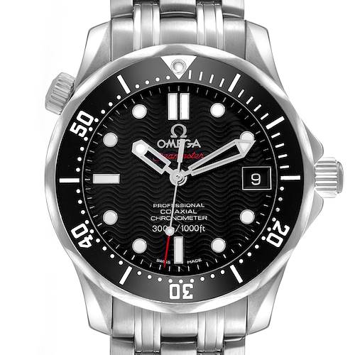 The image shows a frontal view of an Omega Seamaster 212.30.36.20.01.001 Men's Stainless Steel Black Dial, highlighting the dial, bezel, crown, and metal bracelet.