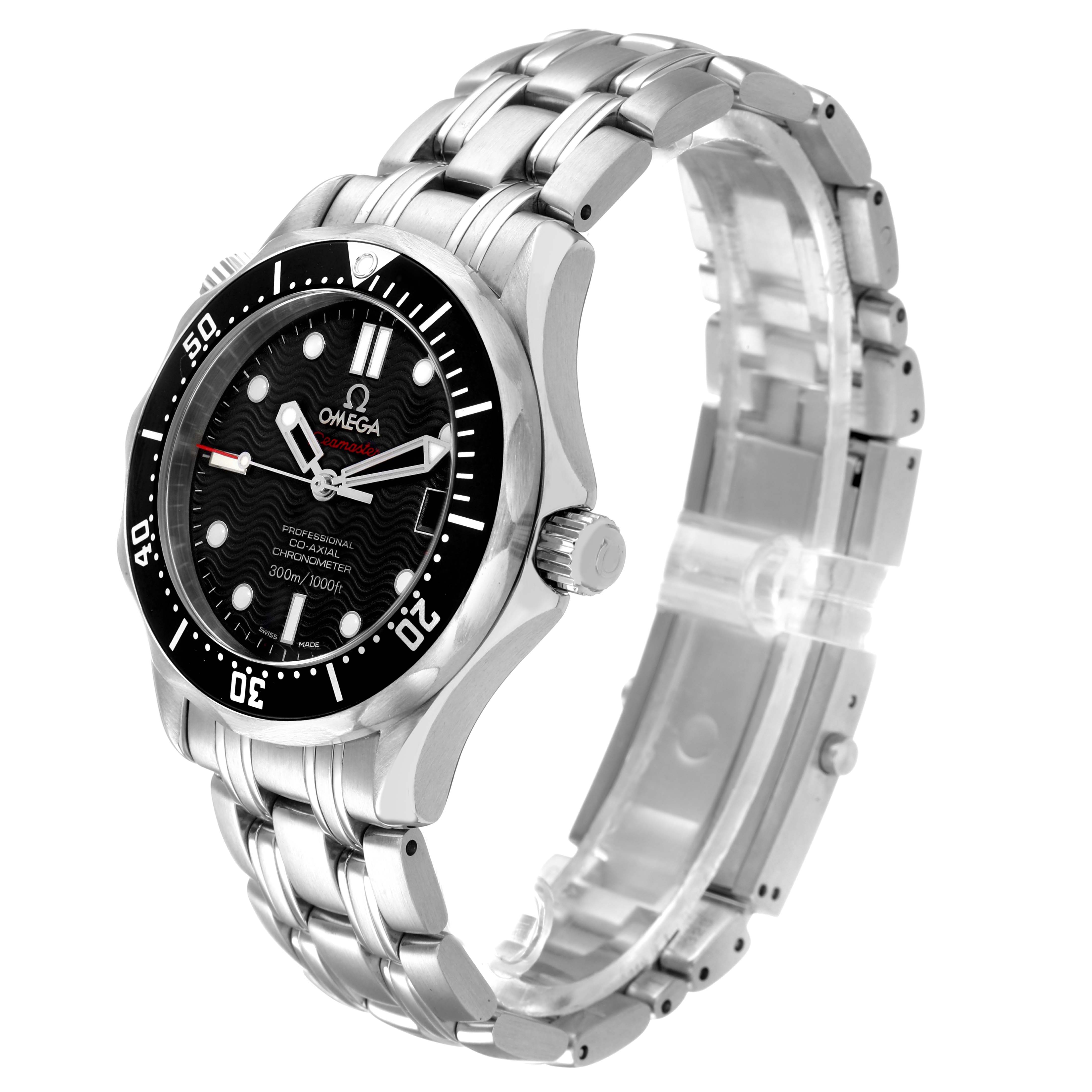 The Omega Seamaster 212.30.36.20.01.001 Men's Stainless Steel Black Dial watch is shown at a slight side angle, highlighting its bezel, dial, and bracelet links.