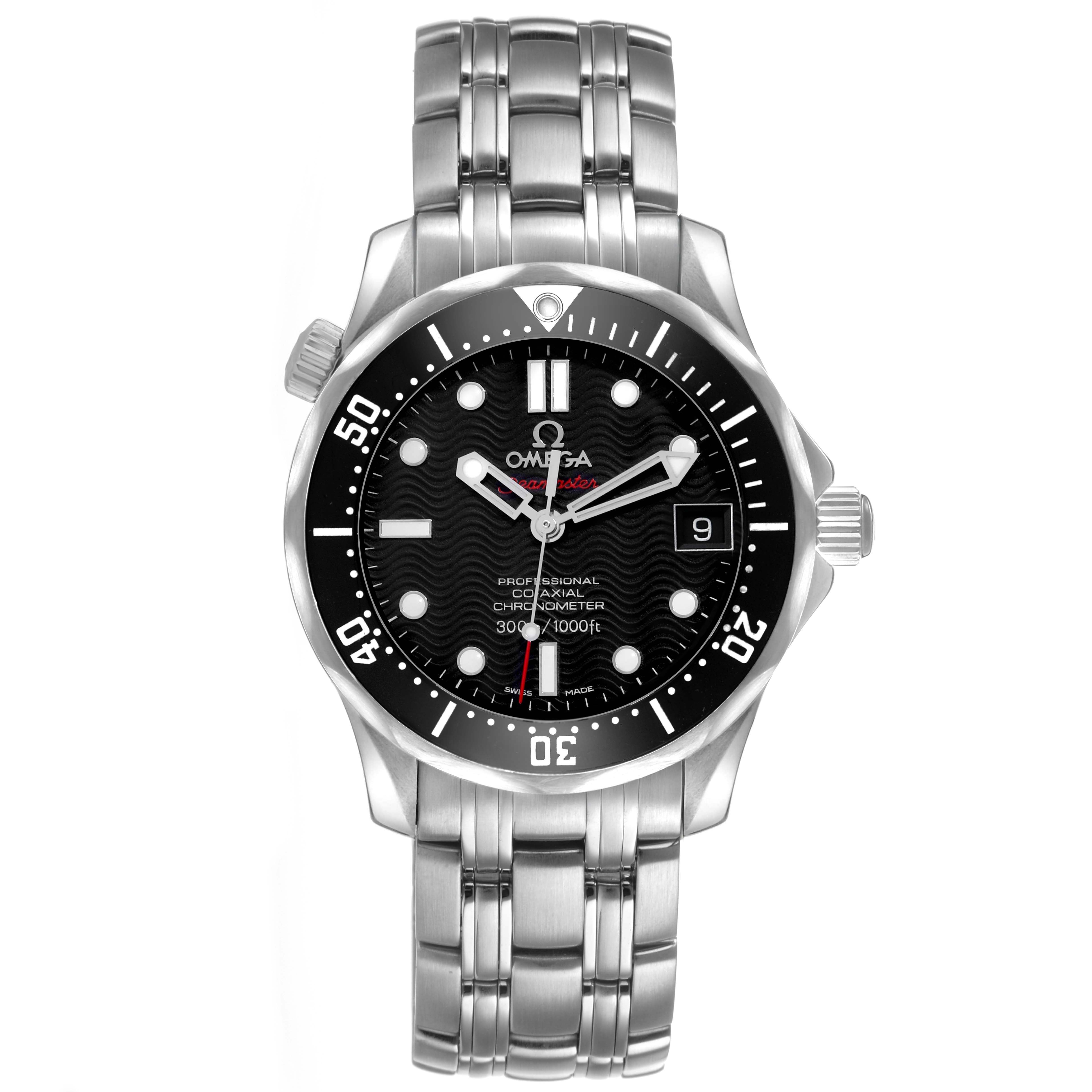 The Omega Seamaster 212.30.36.20.01.001 Men's Stainless Steel Black Dial model is shown from the front, displaying the dial, bezel, and bracelet.