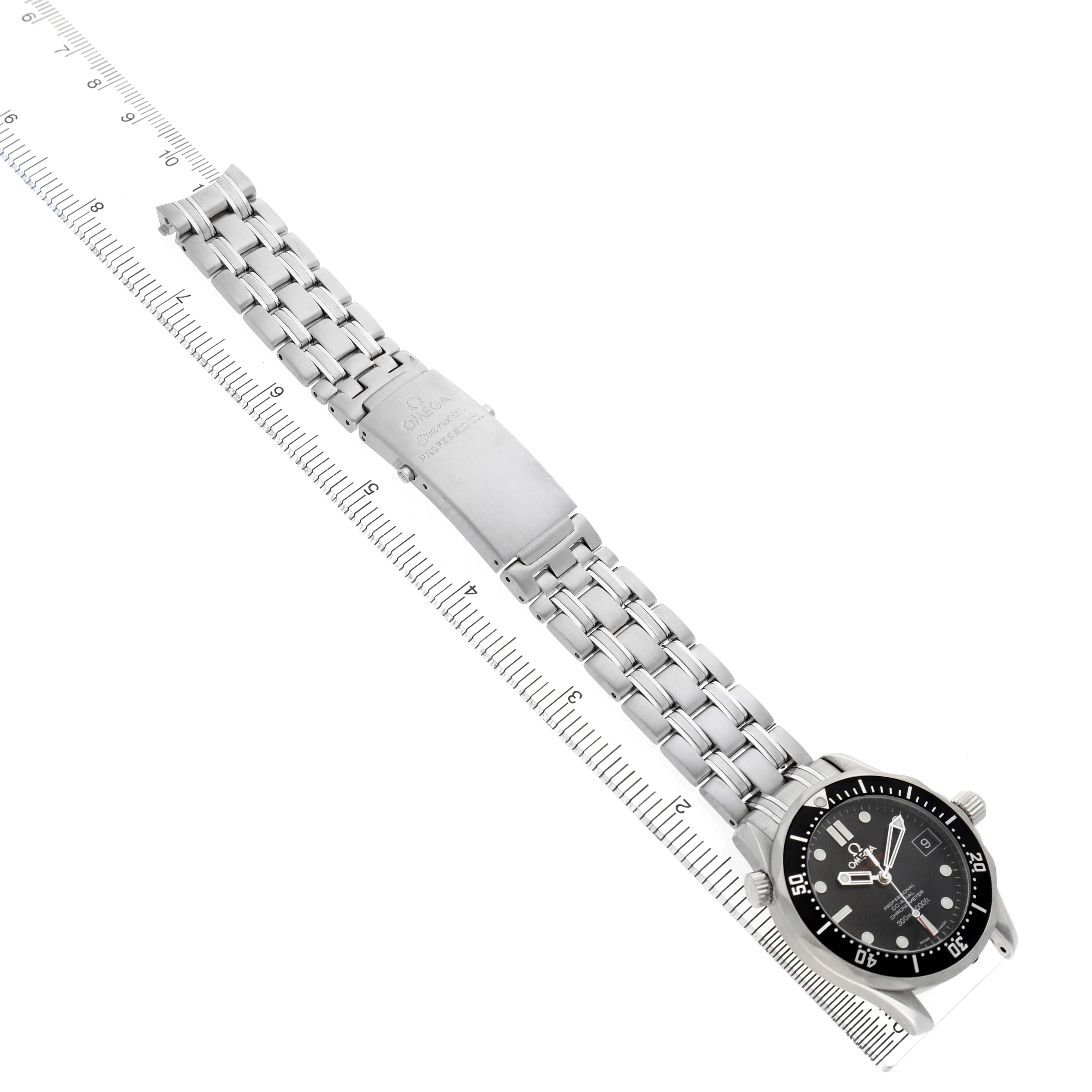 The Omega Seamaster 212.30.36.20.01.001 Men's Stainless Steel Black Dial watch is shown at a diagonal angle, displaying its face, bezel, bracelet, and clasp.