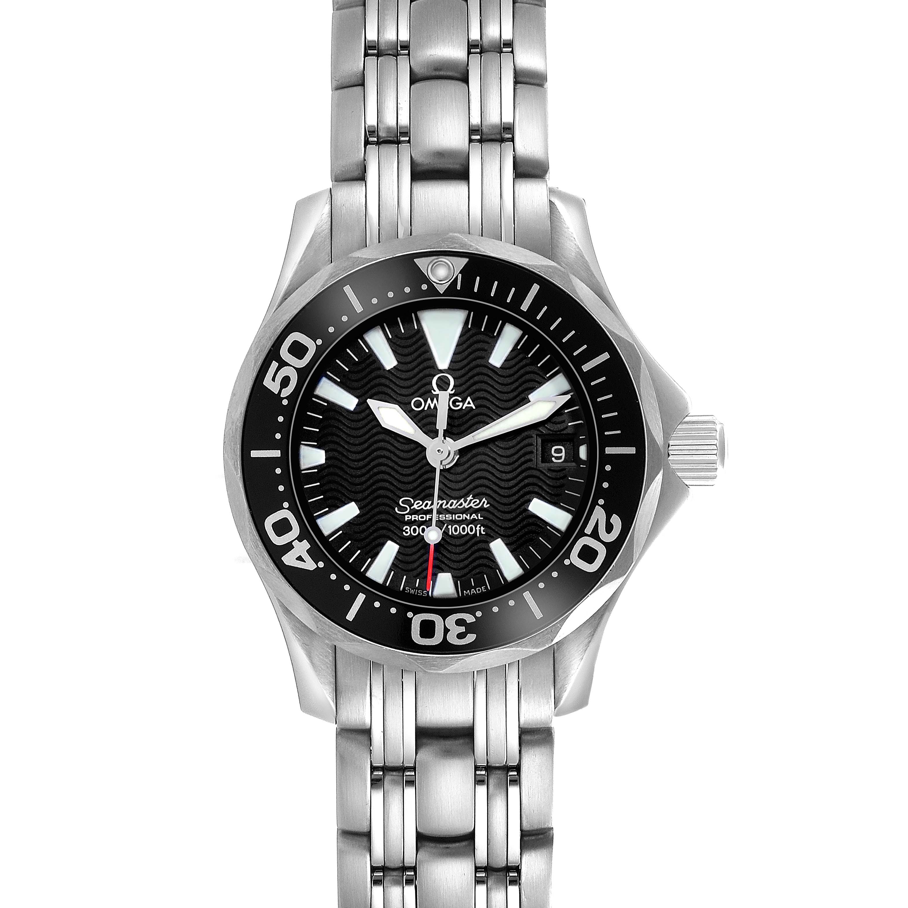 The Omega 2284.50.00 Women's Stainless Steel Black Dial 2284.50.00 Women's Stainless Steel Black Dial Seamaster Diver 300M Quartz 28mm is shown from the front, featuring the dial, bezel, and part of the bracelet.