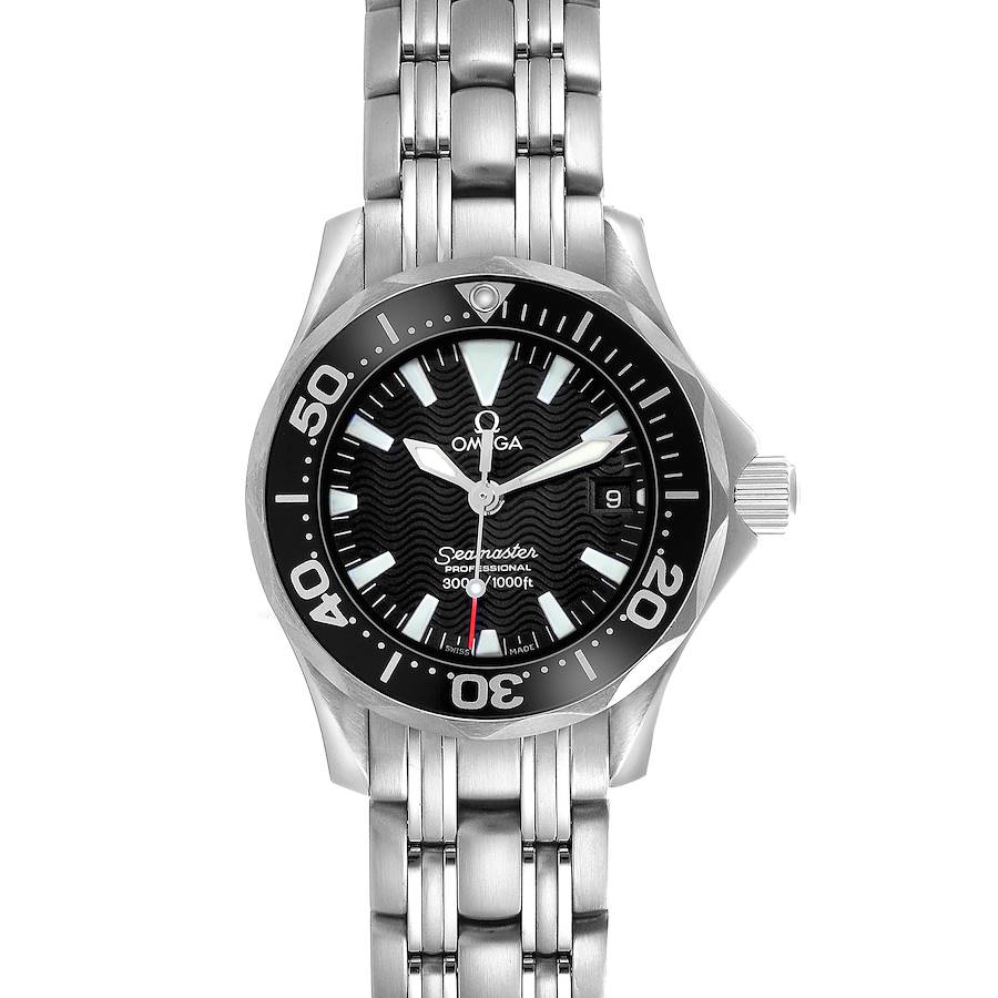 The Omega Seamaster Diver 300M Quartz 28mm is shown from the front, featuring the dial, bezel, and part of the bracelet.