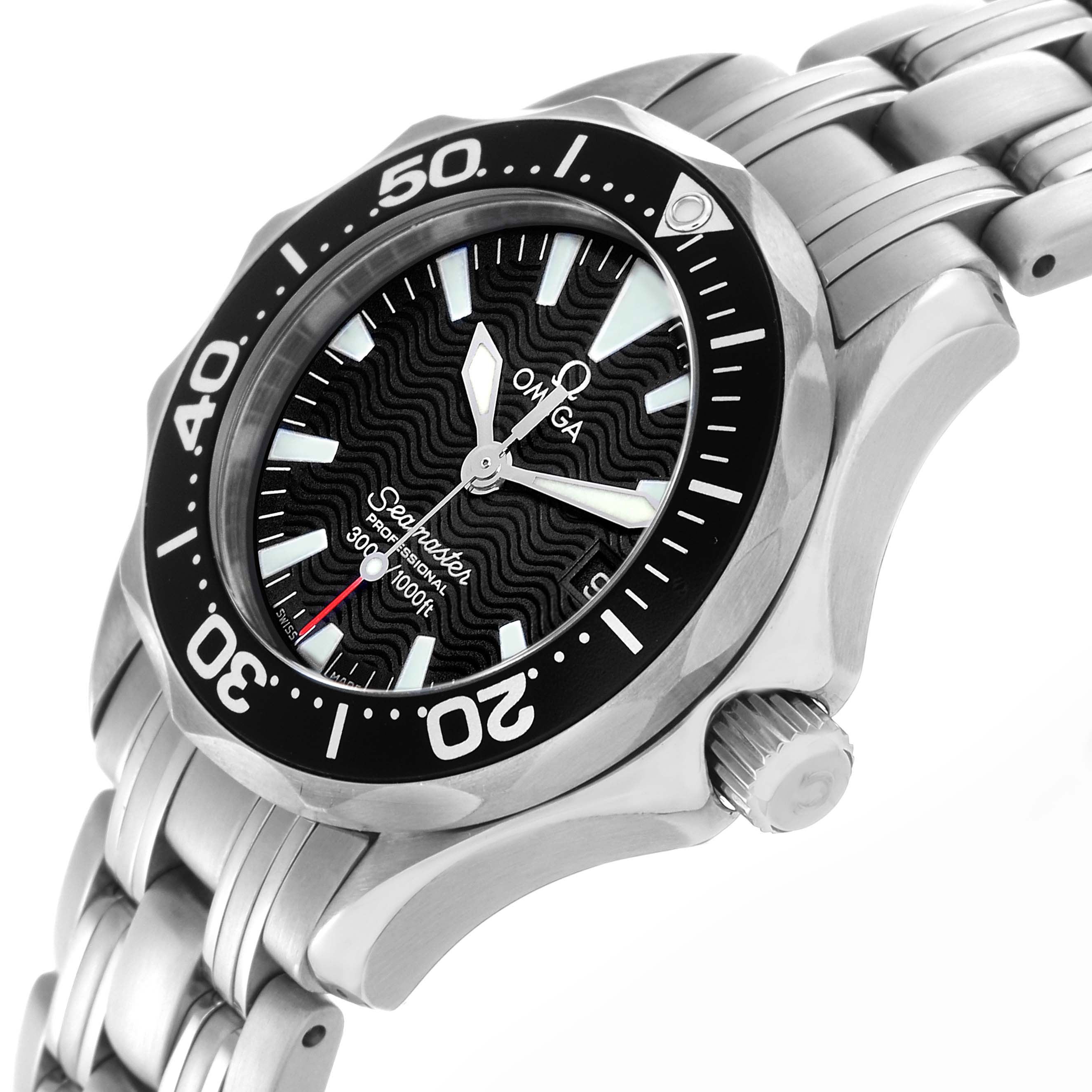 The Omega 2284.50.00 Women's Stainless Steel Black Dial 2284.50.00 Women's Stainless Steel Black Dial Seamaster Diver 300M Quartz 28mm is shown at an angle highlighting the bezel, dial, crown, and part of the bracelet.