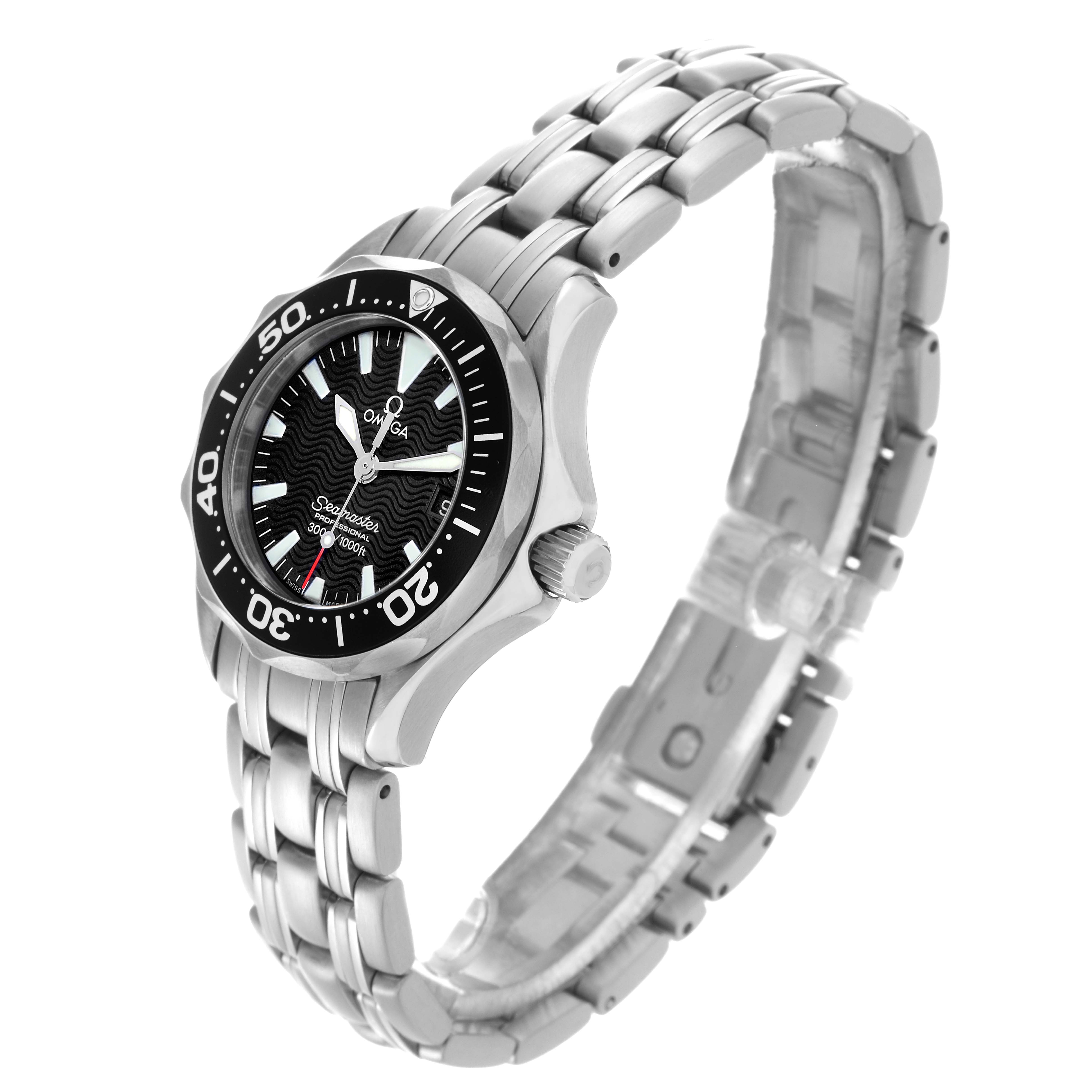 The Omega 2284.50.00 Women's Stainless Steel Black Dial 2284.50.00 Women's Stainless Steel Black Dial Seamaster Diver 300M Quartz 28mm is shown at a side angle, highlighting the bezel, dial, and bracelet.