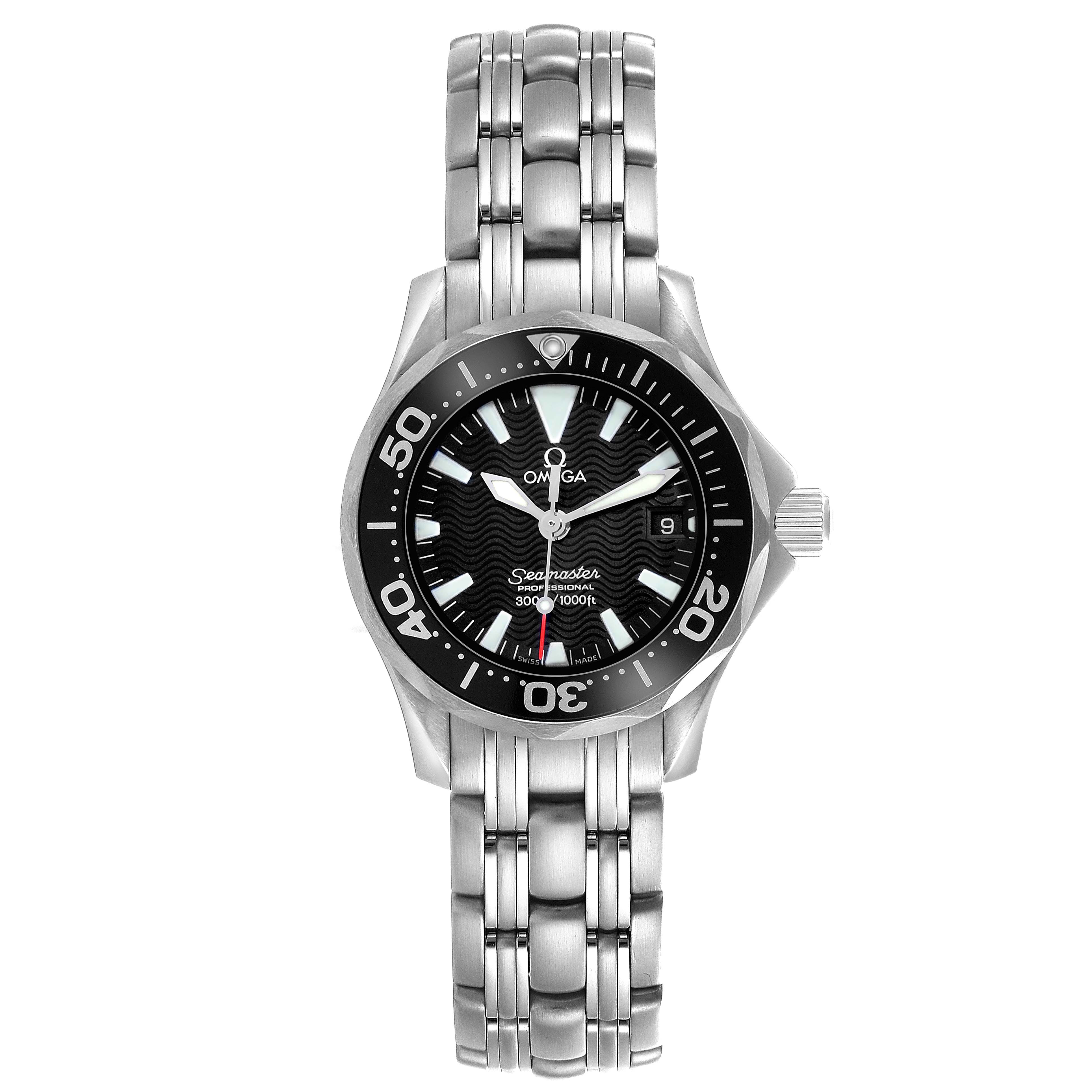 The Omega 2284.50.00 Women's Stainless Steel Black Dial 2284.50.00 Women's Stainless Steel Black Dial Seamaster Diver 300M Quartz 28mm is shown from a front angle, displaying its black wave-pattern dial, rotating bezel, and stainless steel bracelet.