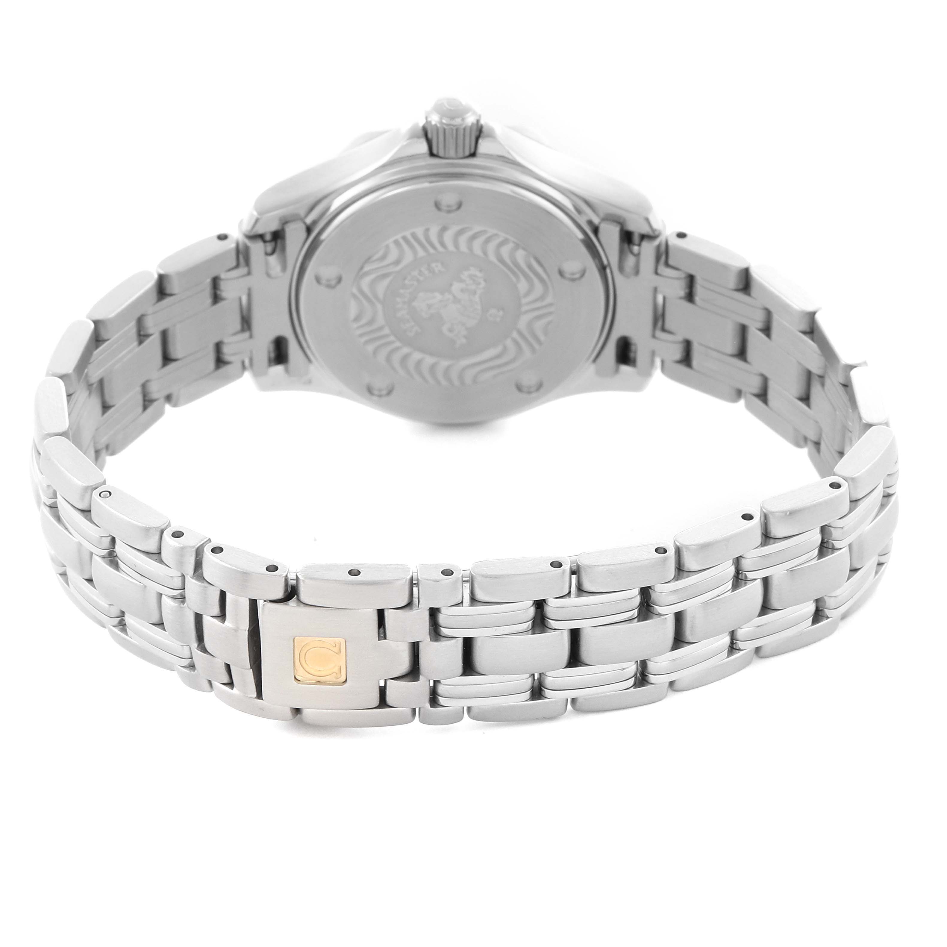 The image shows the back view of the Omega 2284.50.00 Women's Stainless Steel Black Dial 2284.50.00 Women's Stainless Steel Black Dial Seamaster Diver 300M Quartz 28mm Steel Ladies Watch 2284.50.00, focusing on the case back and bracelet clasp.