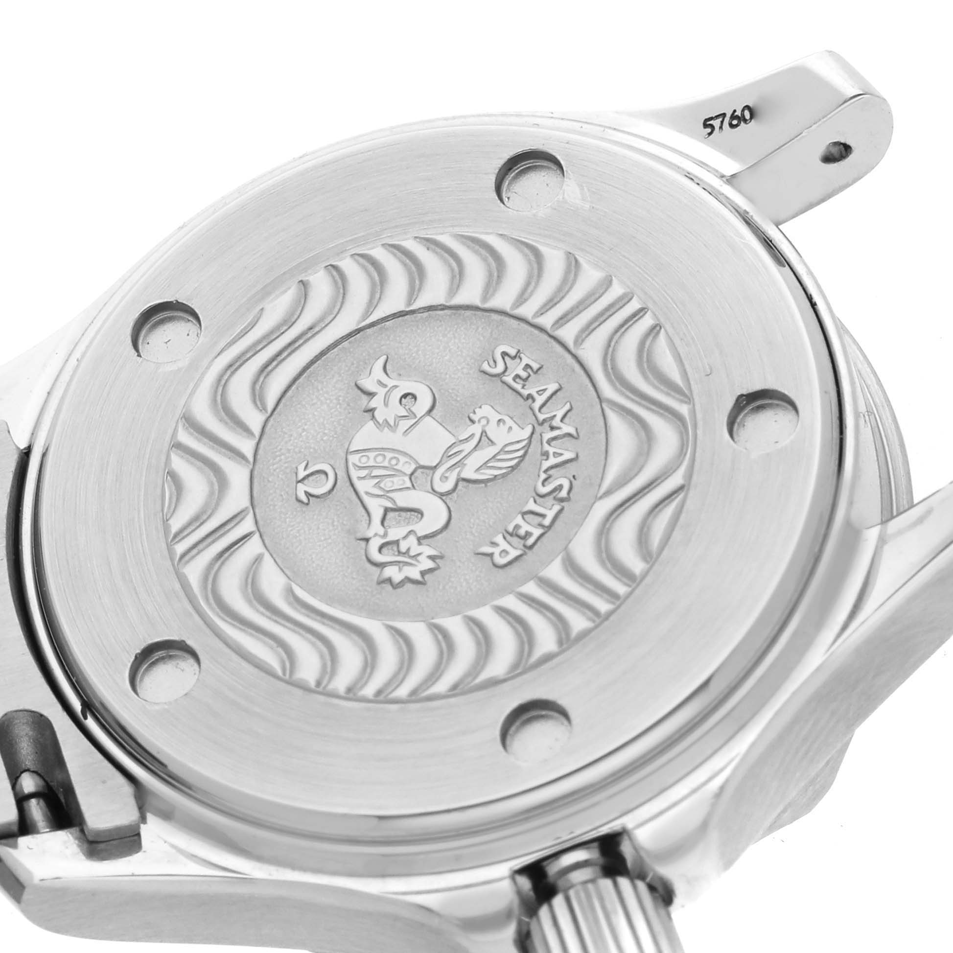 The image shows the case back of the Omega 2284.50.00 Women's Stainless Steel Black Dial 2284.50.00 Women's Stainless Steel Black Dial Seamaster Diver 300M Quartz 28mm Steel Ladies Watch, highlighting the engraved logo.