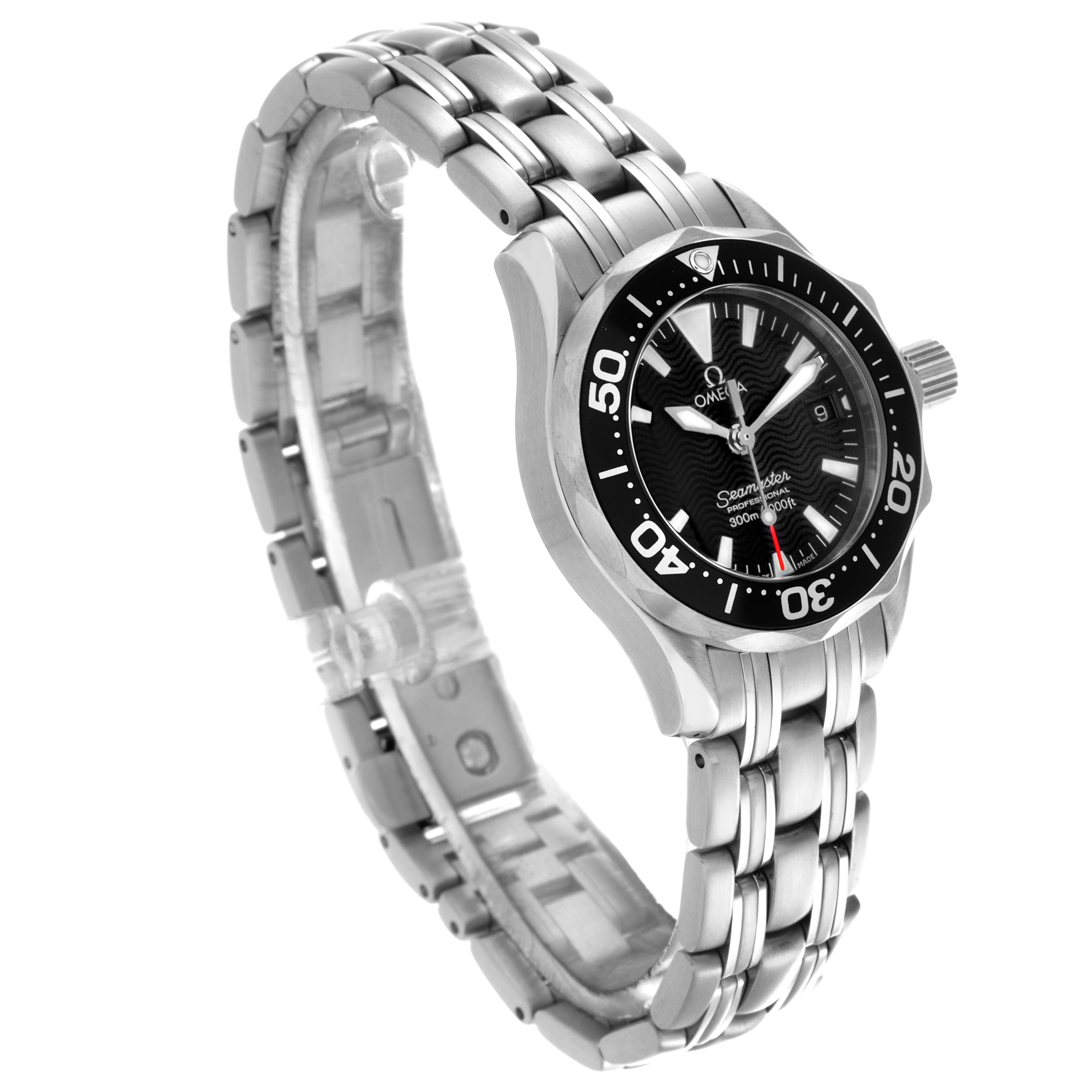 The Omega 2284.50.00 Women's Stainless Steel Black Dial 2284.50.00 Women's Stainless Steel Black Dial Seamaster Diver 300M Quartz 28mm watch is shown at an angled side view, displaying the face, bezel, and bracelet.