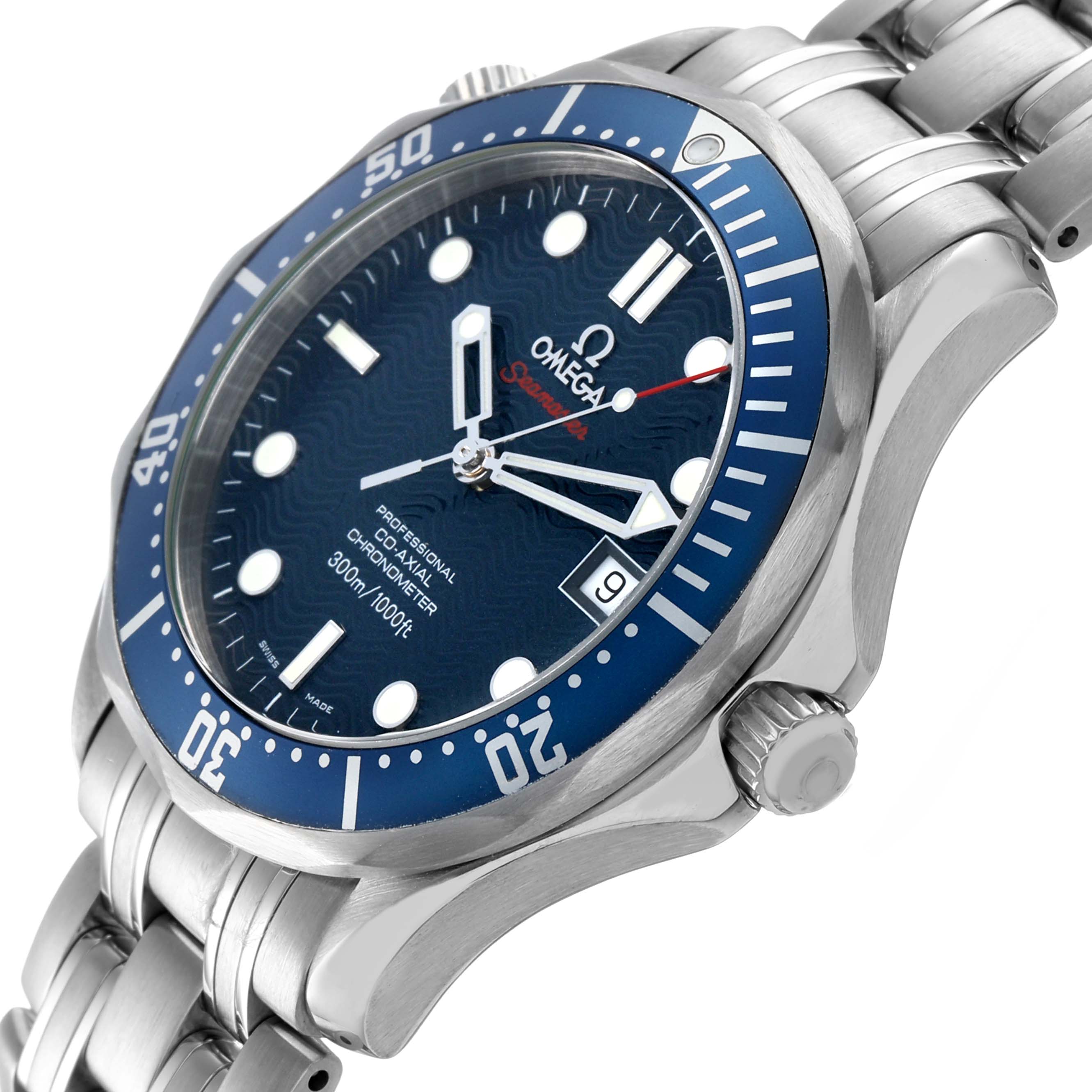 The Omega Seamaster 2220.80.00 Men's Stainless Steel Blue Dial watch is shown at an angled view highlighting the dial, bezel, crown, and bracelet.