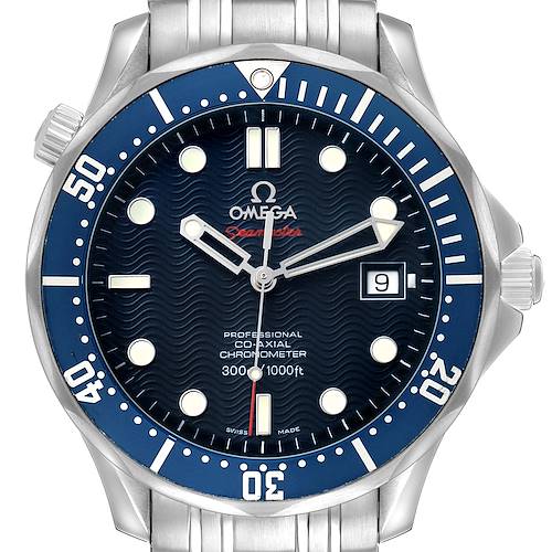 This Omega Seamaster 2220.80.00 Men's Stainless Steel Blue Dial watch is shown from the front, highlighting the dial, hands, bezel, and date display.