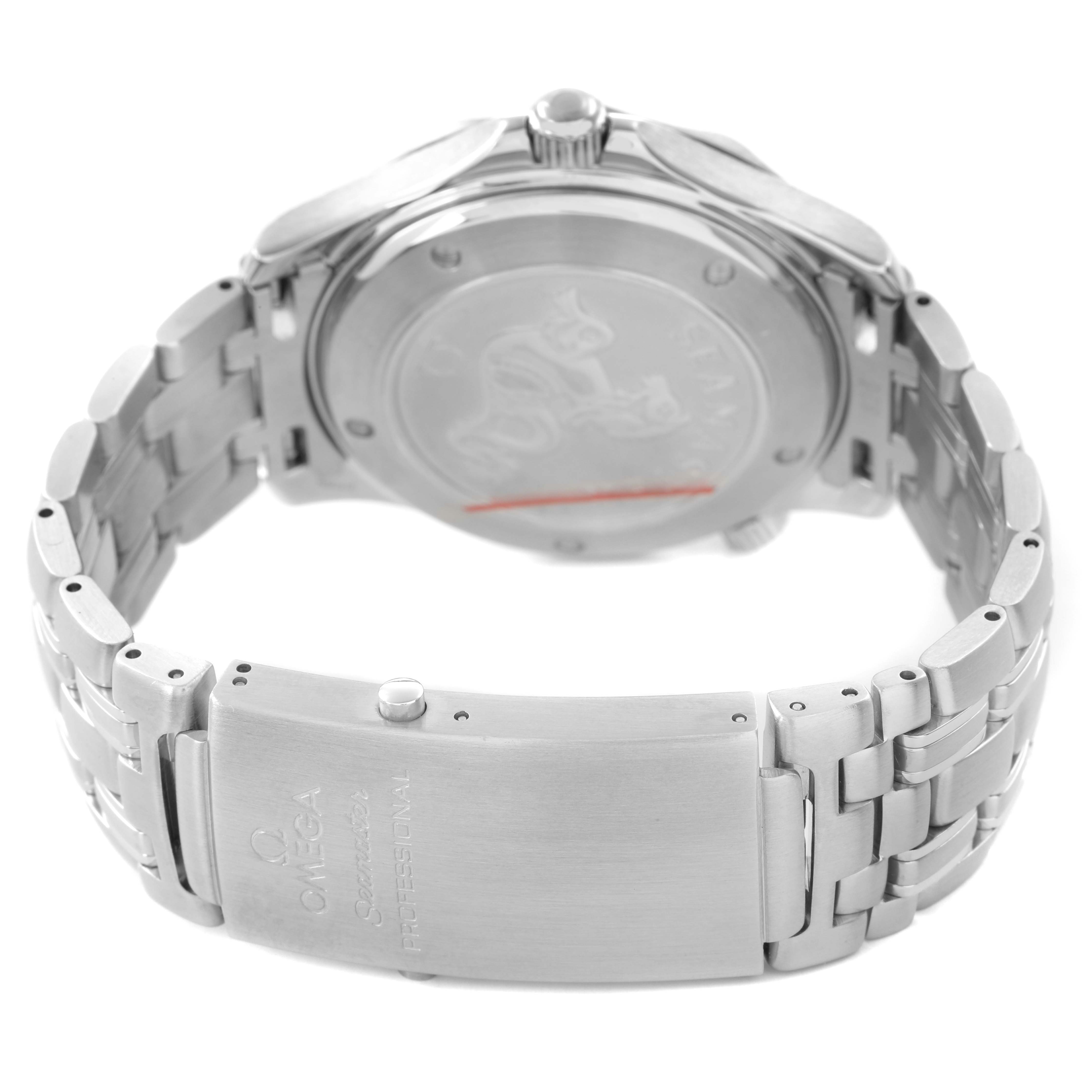 The Omega Seamaster 2220.80.00 Men's Stainless Steel Blue Dial model is shown from the back, highlighting the clasp and bracelet details.