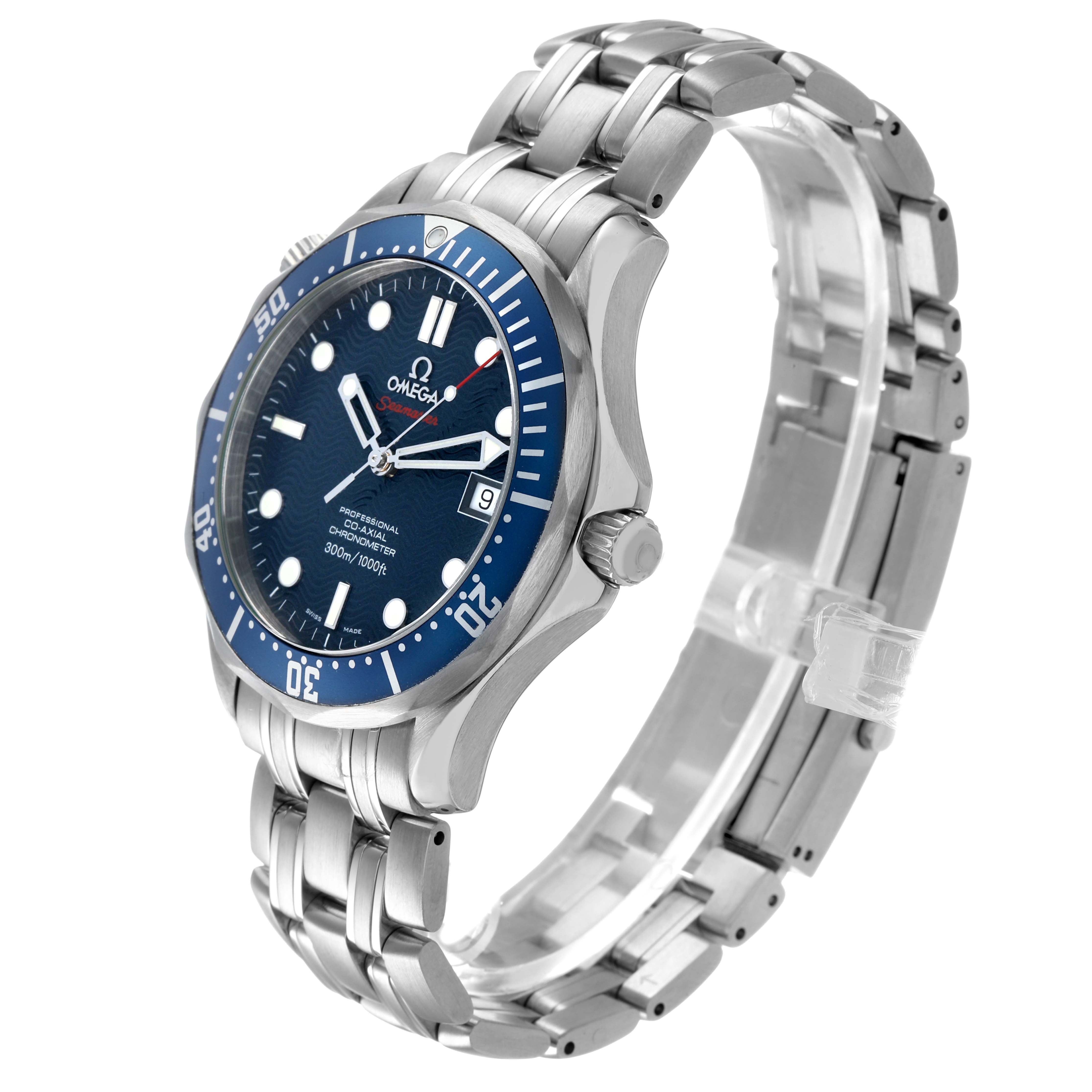 The Omega Seamaster 2220.80.00 Men's Stainless Steel Blue Dial watch is shown at a three-quarter angle, highlighting the face, bezel, and stainless steel bracelet.