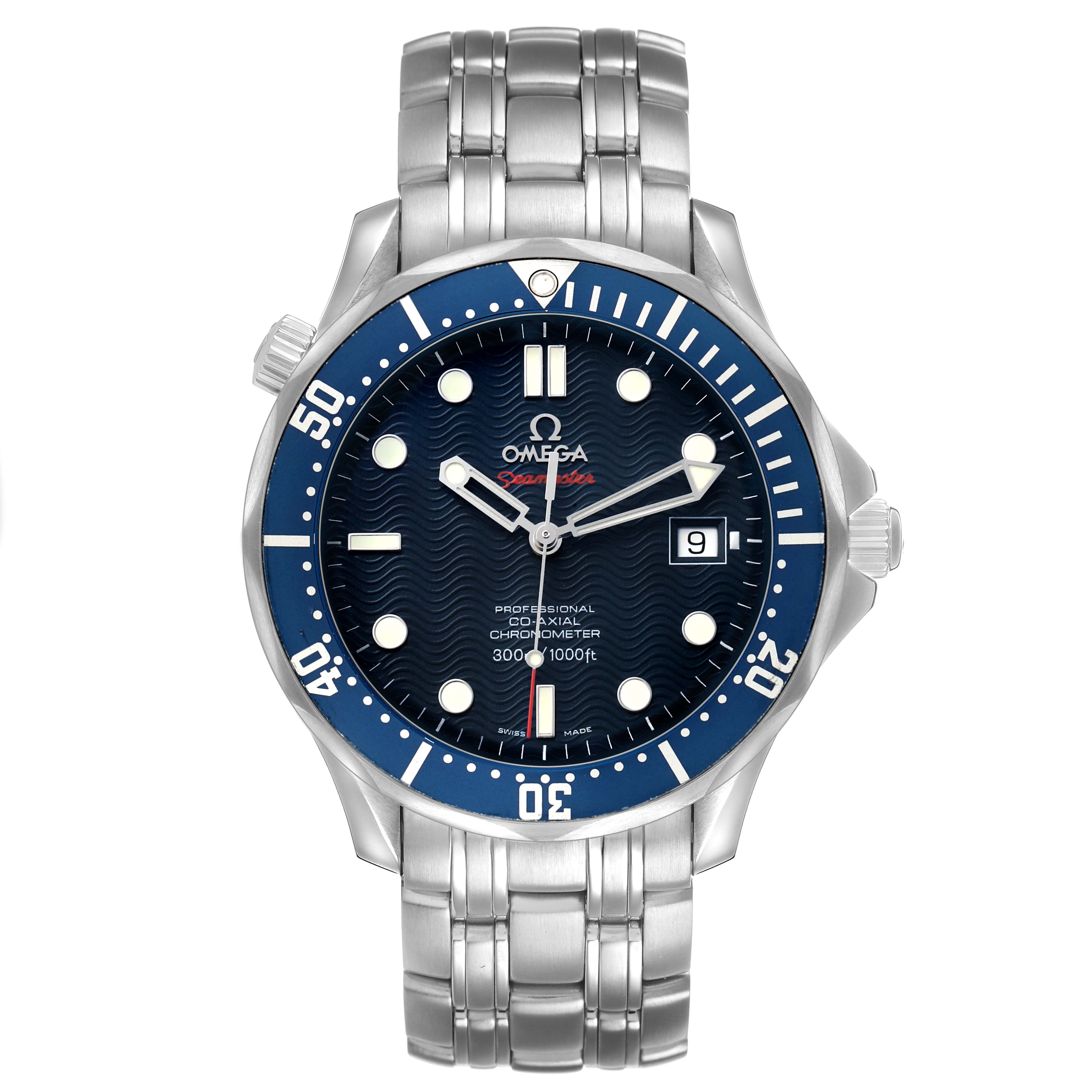 The Omega Seamaster 2220.80.00 Men's Stainless Steel Blue Dial is shown from the front, displaying its full dial, bezel, and bracelet.