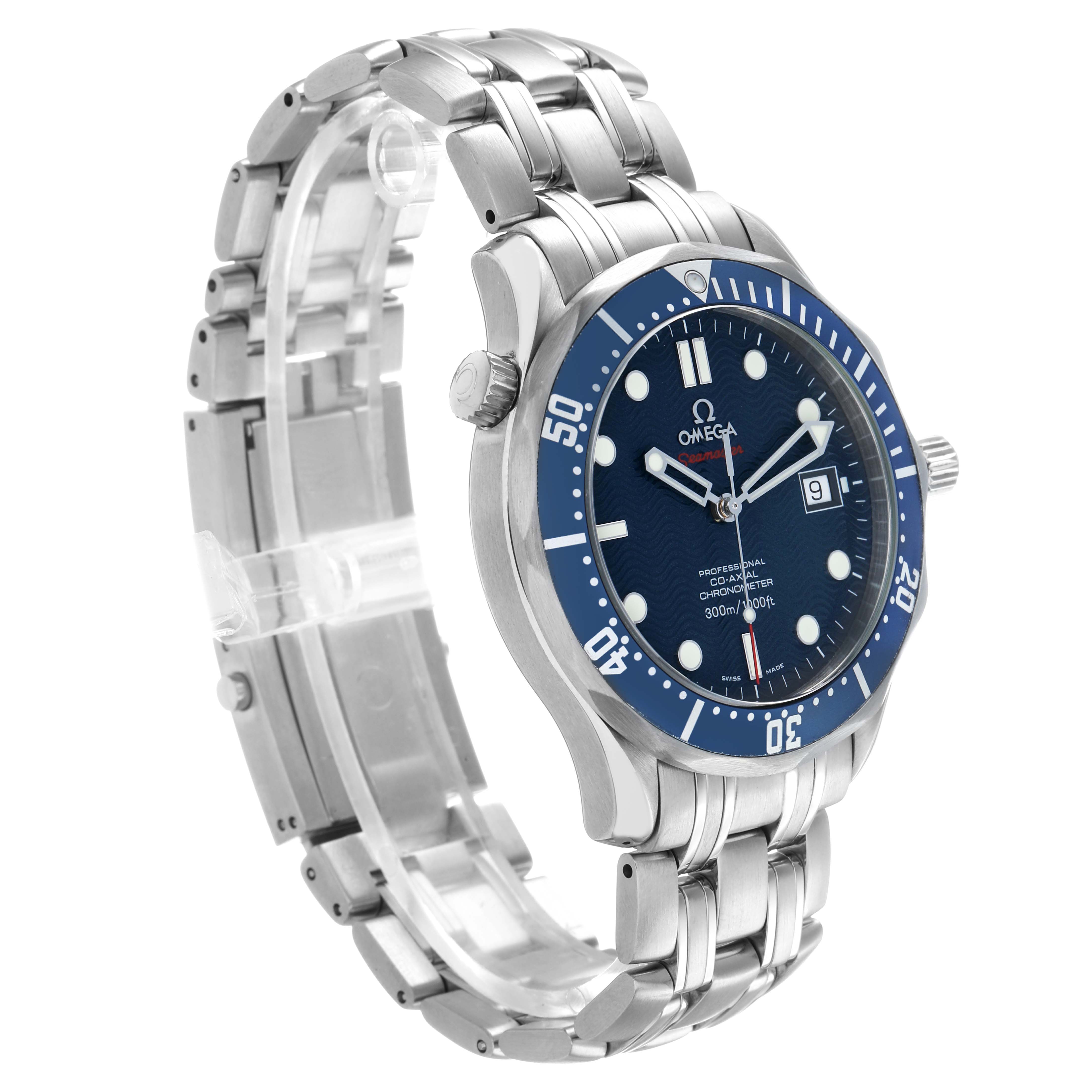 The Omega Seamaster 2220.80.00 Men's Stainless Steel Blue Dial watch is shown at an angled side view, highlighting the bezel, bracelet, crown, and case.
