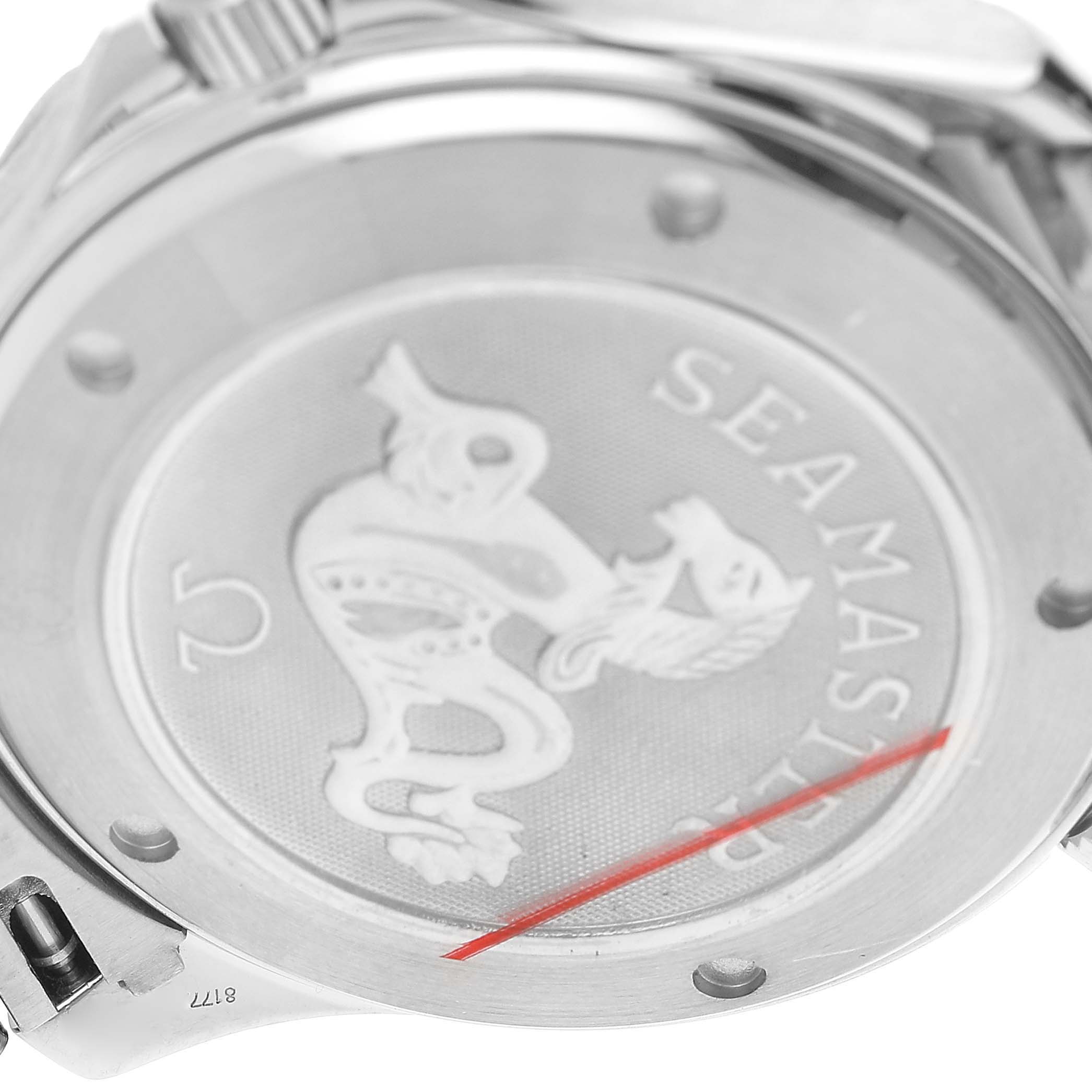 The image shows the case back of the Omega Seamaster 2220.80.00 Men's Stainless Steel Blue Dial model from an angled view, highlighting the engraved logo.