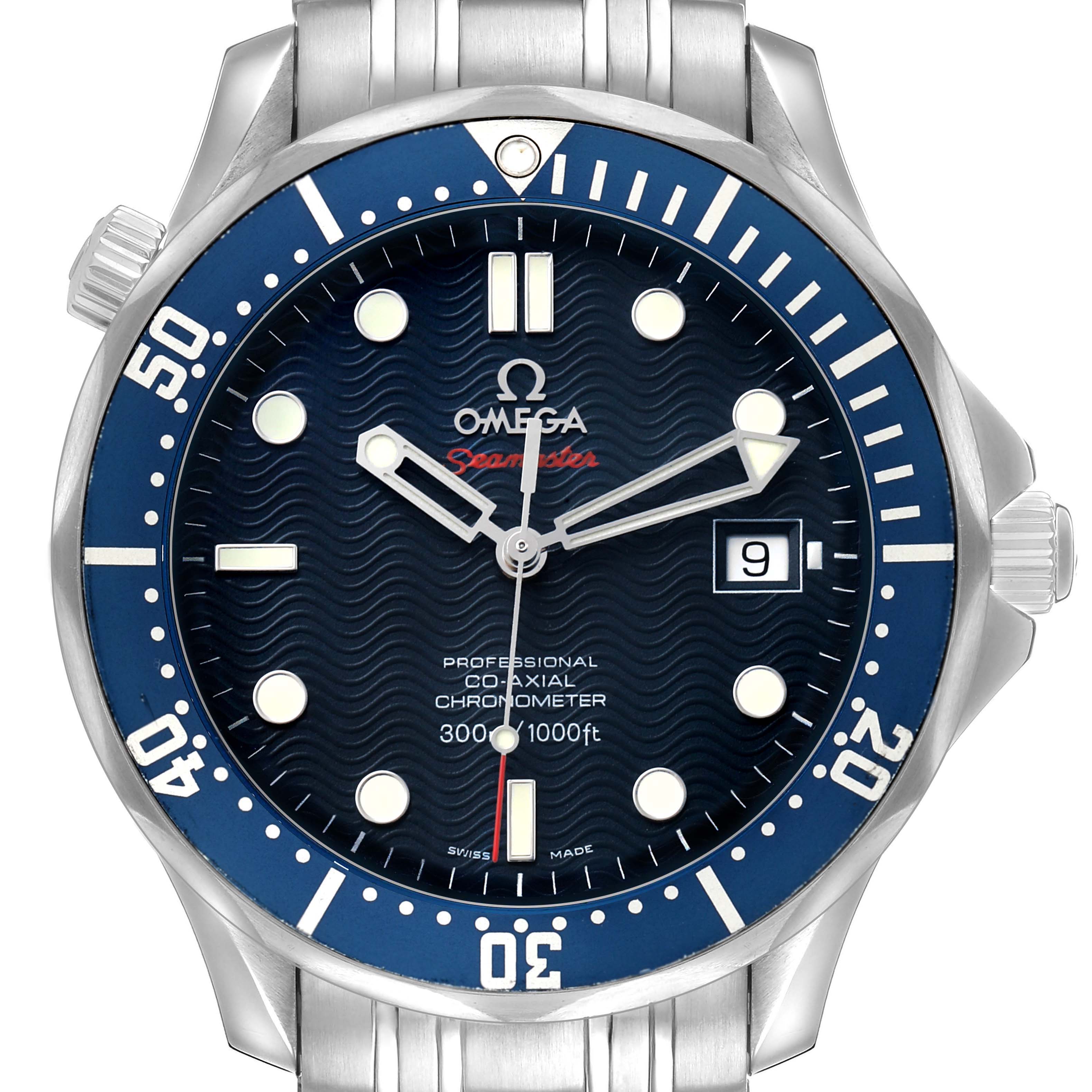 The Omega Seamaster 2220.80.00 Men's Stainless Steel Blue Dial watch is shown from a frontal angle, highlighting the dial, bezel, case, and partially visible bracelet.