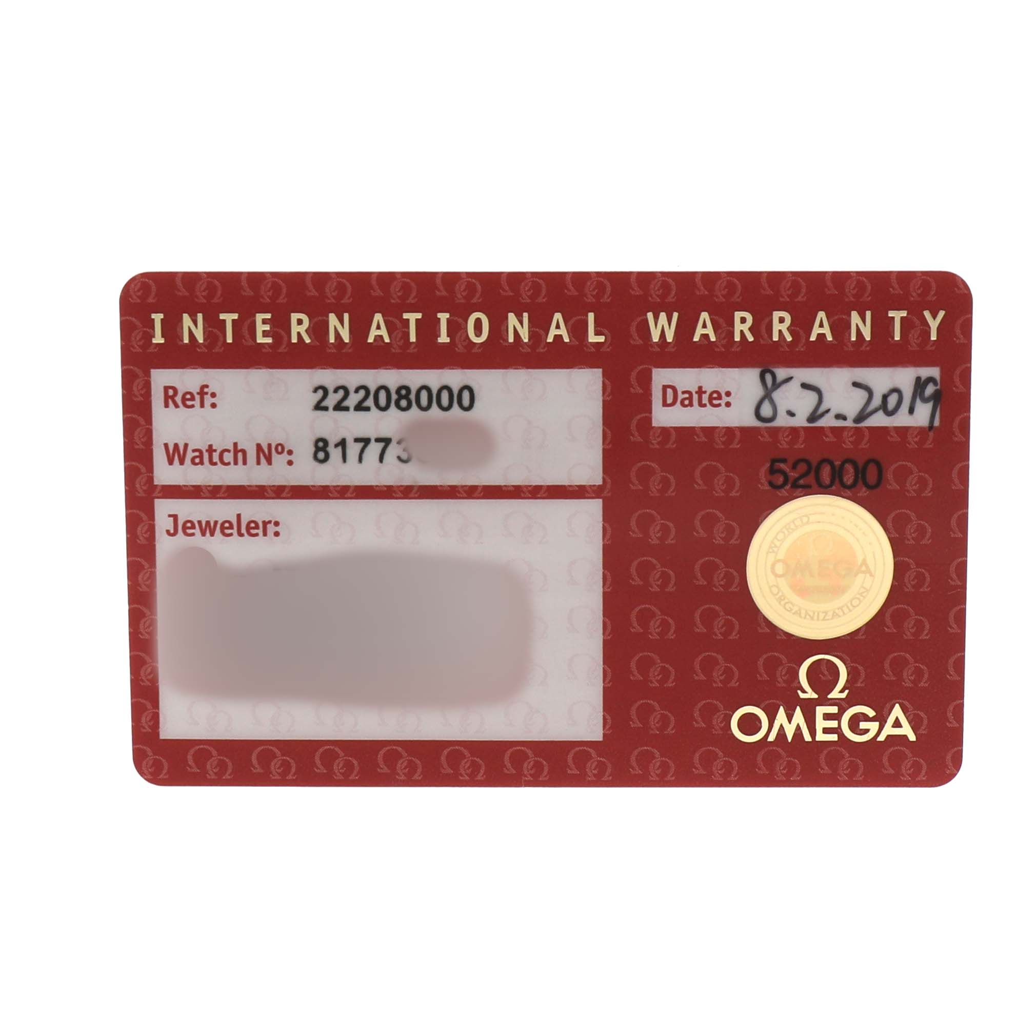 The image shows an Omega Seamaster 2220.80.00 Men's Stainless Steel Blue Dial's International Warranty card from a top-down angle.