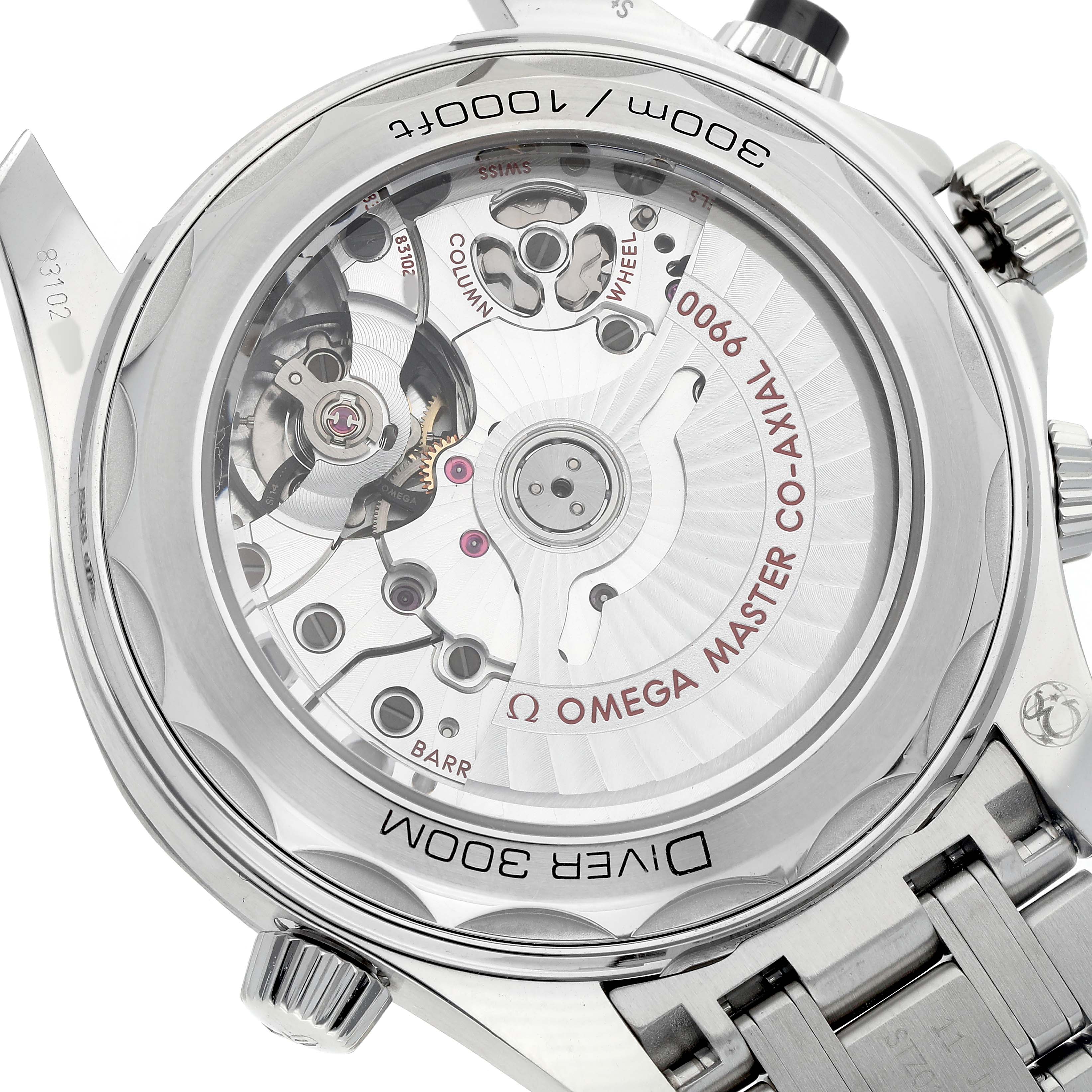 The image shows the back of the Omega Seamaster 210.30.44.51.01.001 Men's Stainless Steel Black Dial, revealing the intricate movement and internal components.