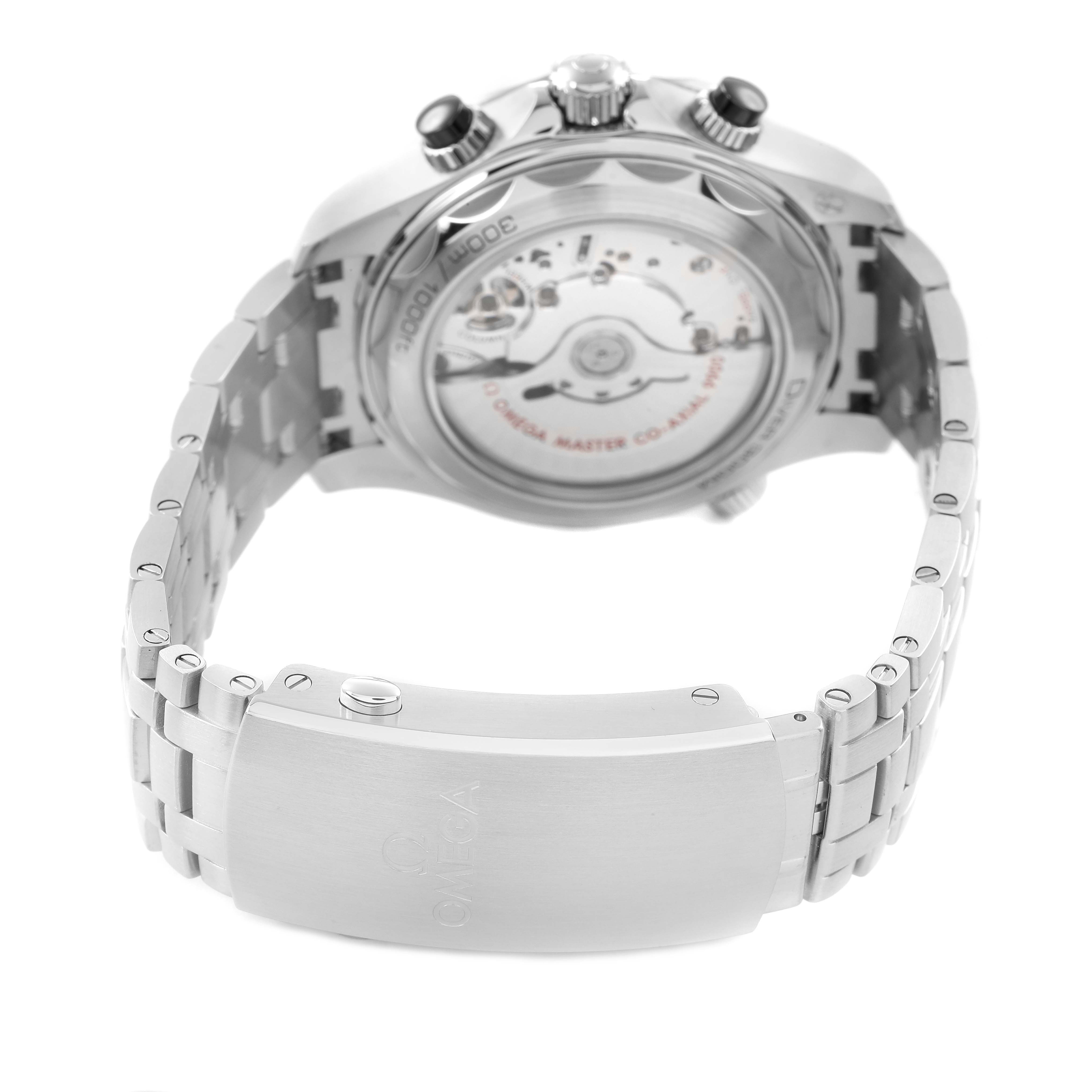 The image shows the Omega Seamaster 210.30.44.51.01.001 Men's Stainless Steel Black Dial watch from the back, highlighting the transparent case back and metal bracelet.