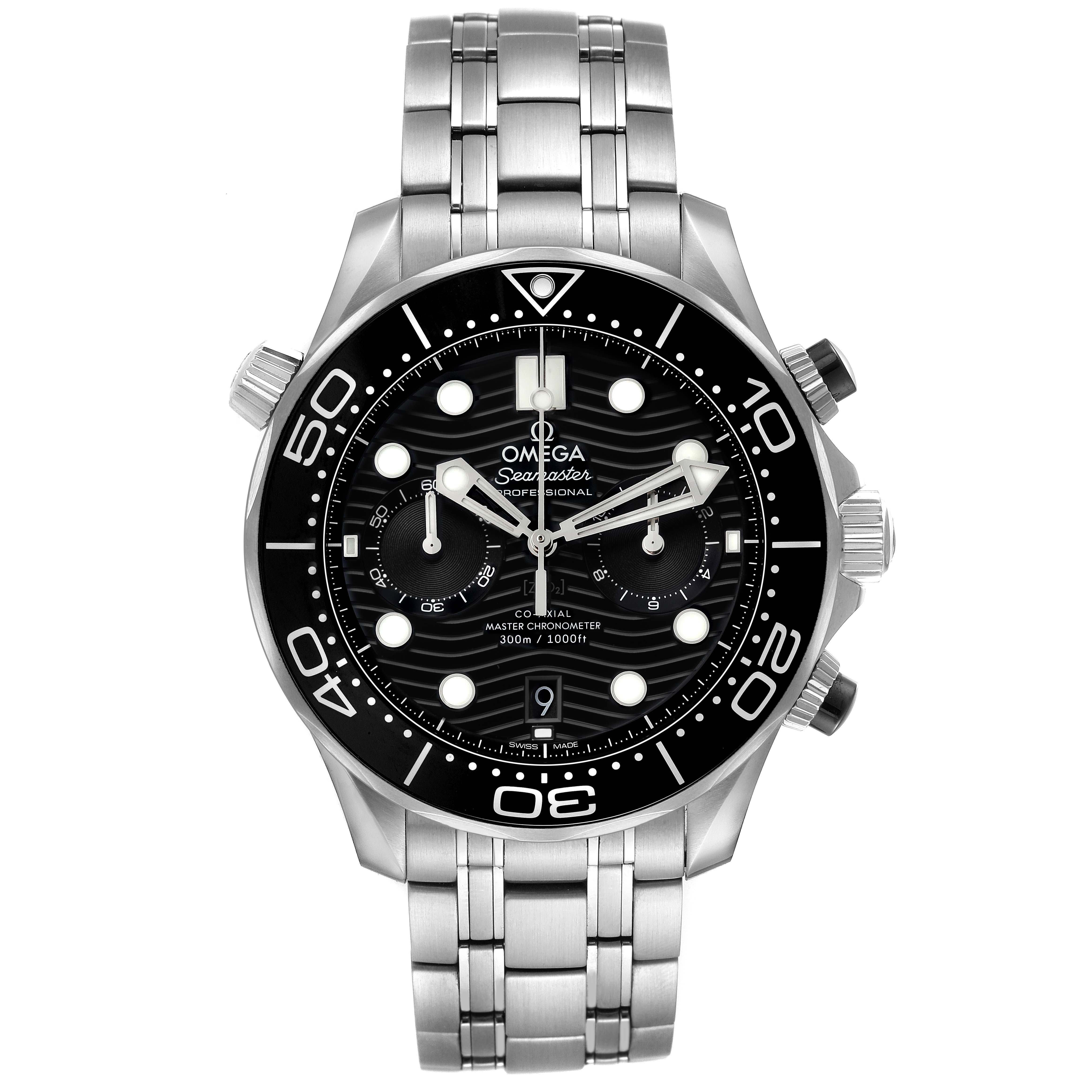 The Omega Seamaster 210.30.44.51.01.001 Men's Stainless Steel Black Dial watch is shown from the front, highlighting the face, bezel, and stainless steel bracelet.