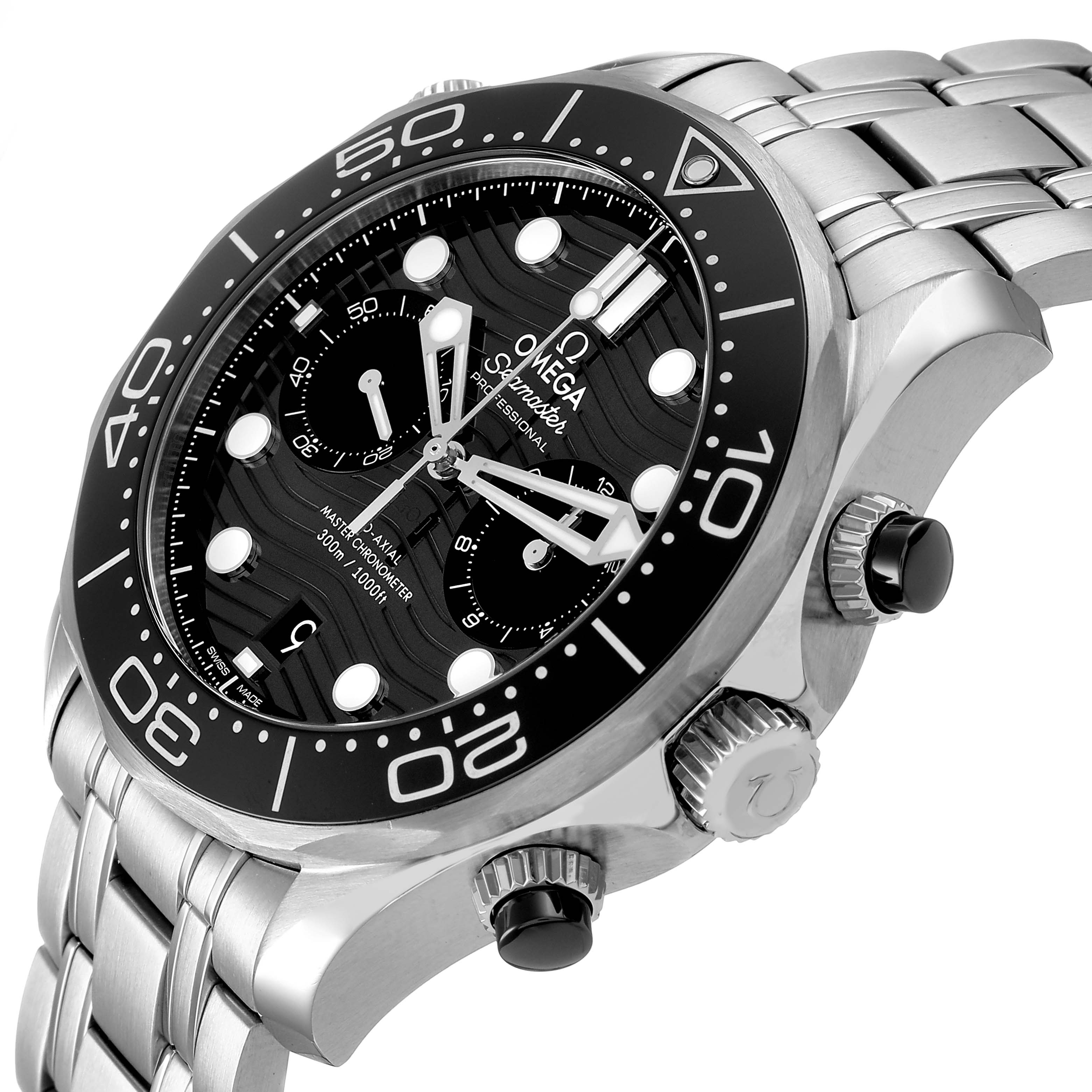 The image shows an Omega Seamaster 210.30.44.51.01.001 Men's Stainless Steel Black Dial model at a three-quarter angle, highlighting the dial, bezel, pushers, and bracelet.