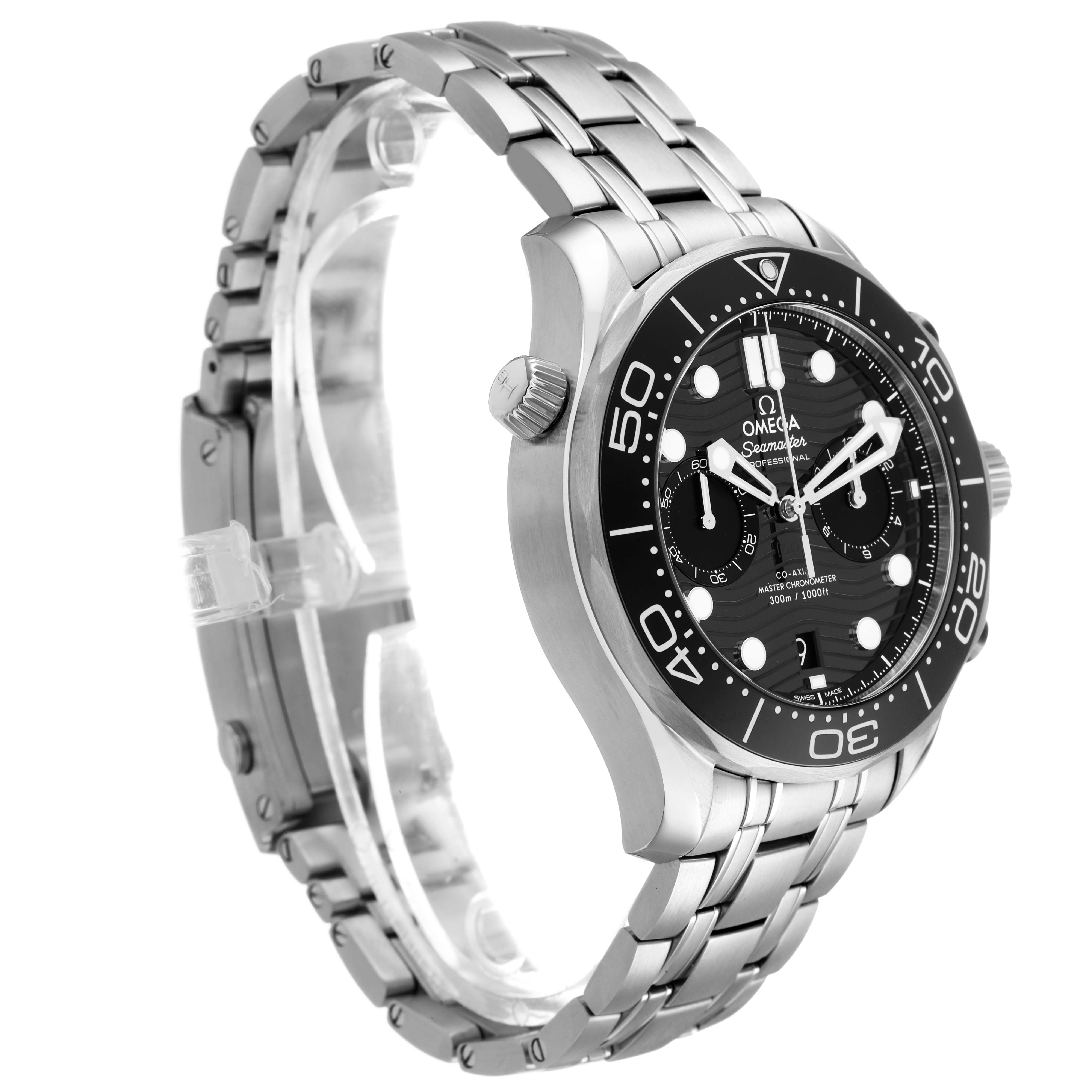 The Omega Seamaster 210.30.44.51.01.001 Men's Stainless Steel Black Dial watch is shown at a three-quarter angle, displaying the face, bezel, and bracelet.