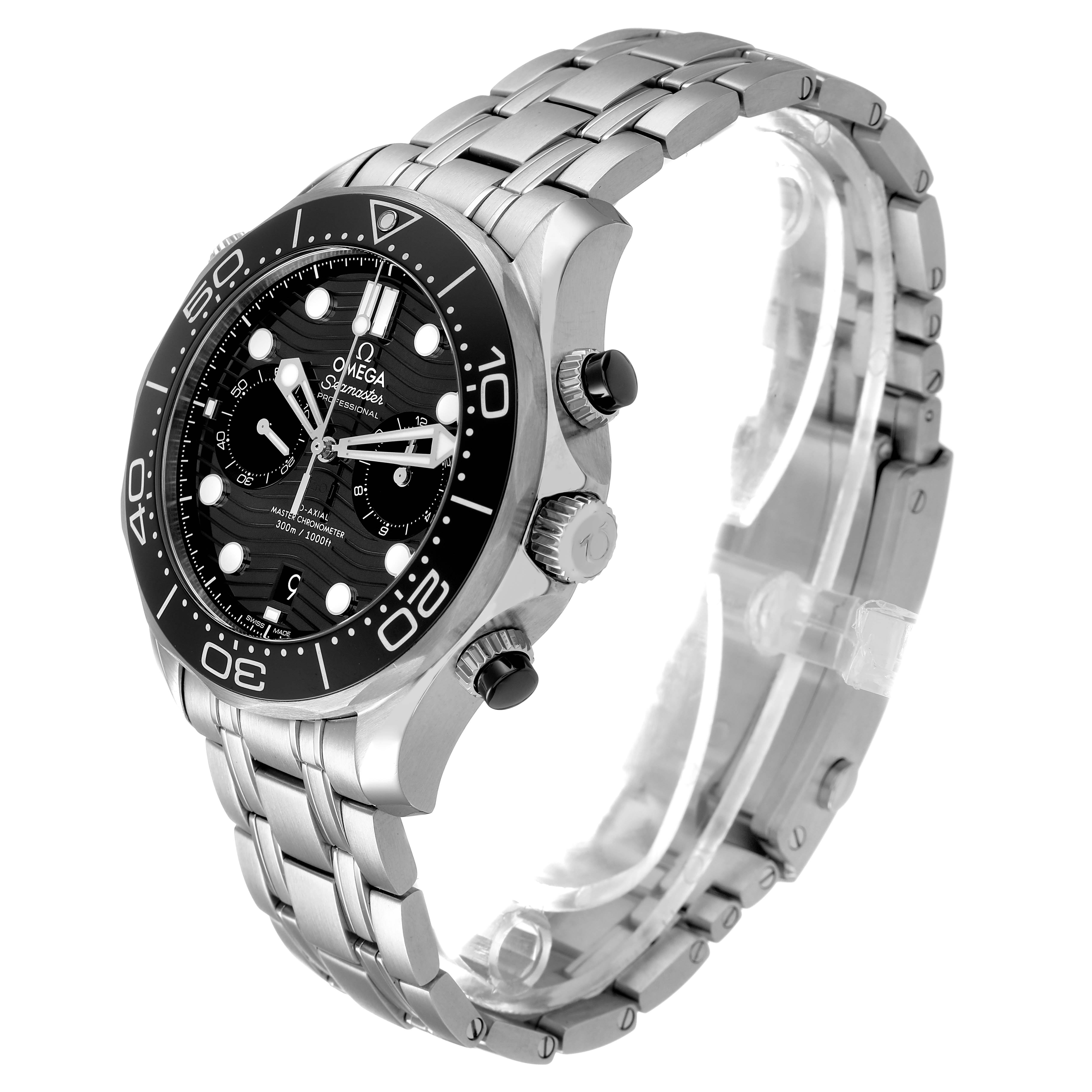 The Omega Seamaster 210.30.44.51.01.001 Men's Stainless Steel Black Dial watch is shown at a three-quarter angle, highlighting the black dial, bezel, and stainless steel bracelet.