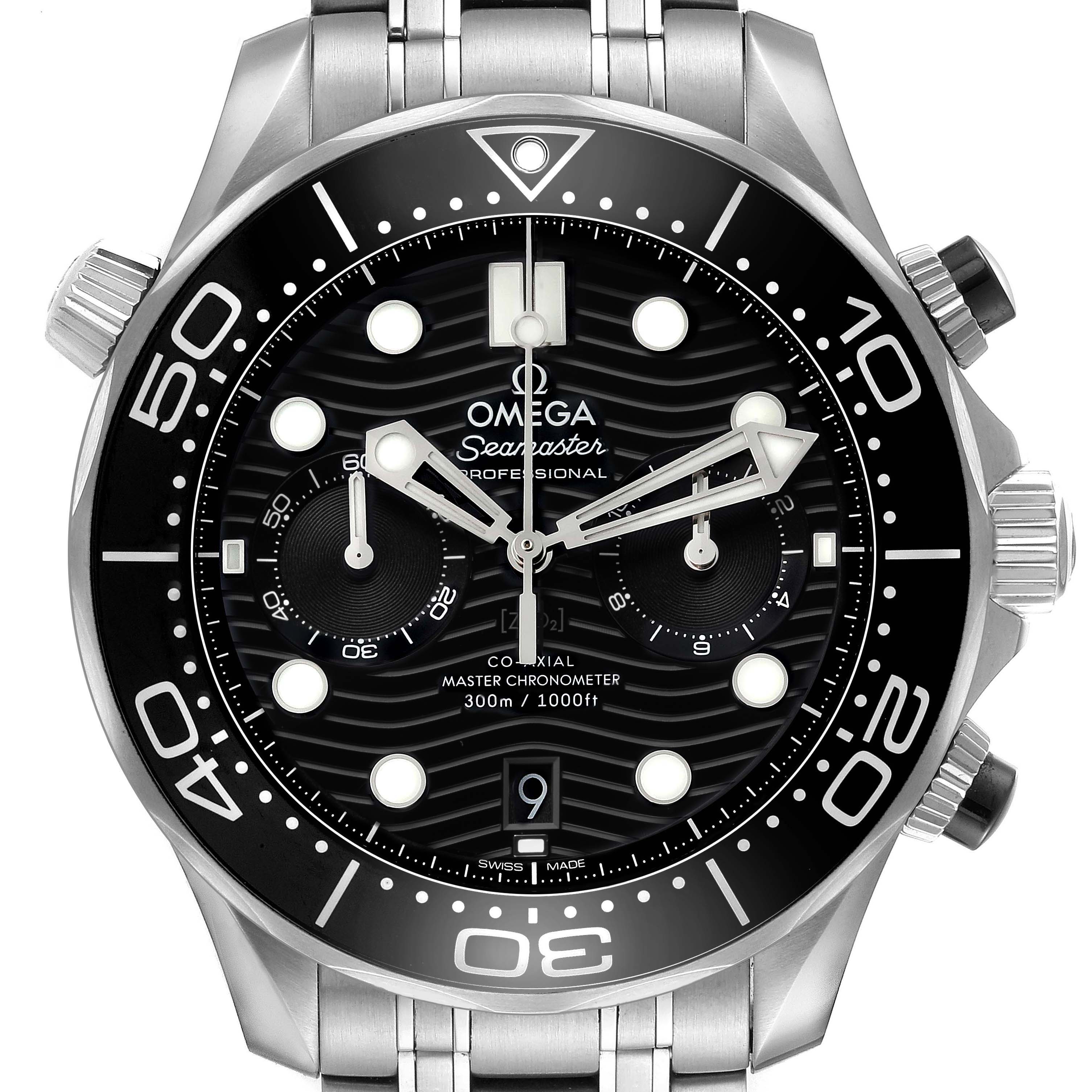 The Omega Seamaster 210.30.44.51.01.001 Men's Stainless Steel Black Dial watch is shown from the front, highlighting its dial, bezel, hands, and bracelet.