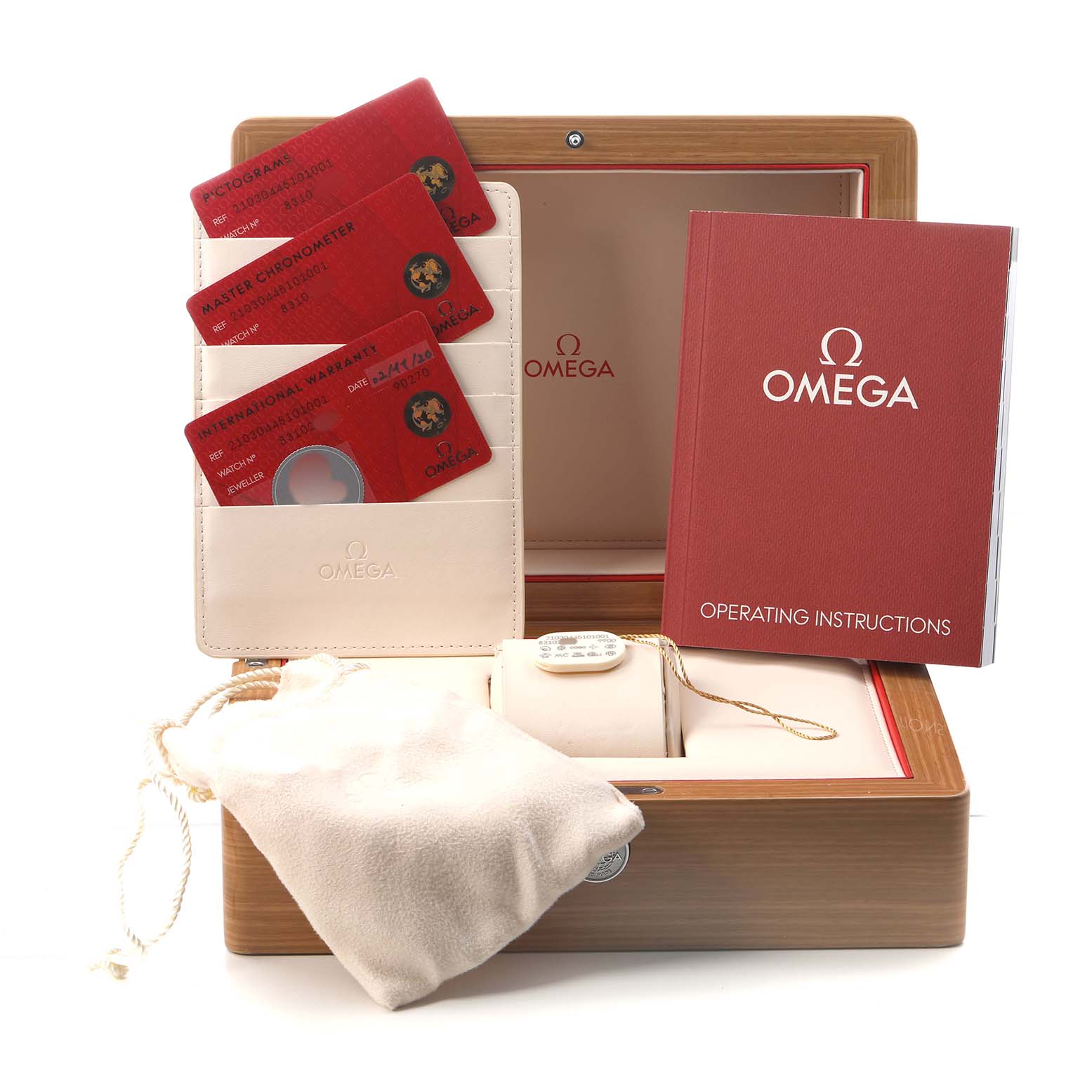 The image shows an Omega Seamaster 210.30.44.51.01.001 Men's Stainless Steel Black Dial watch box with warranty cards, a manual, and a protective pouch from a top-front angle.