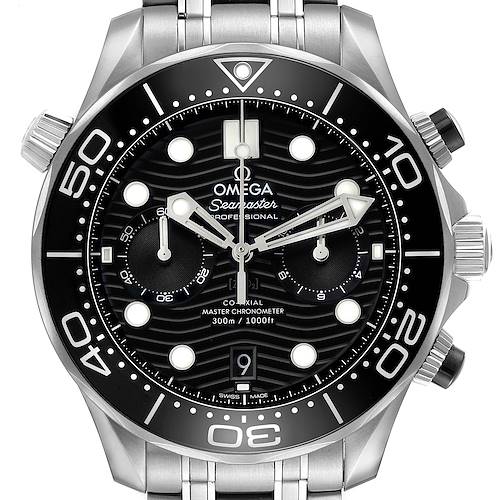 The Omega Seamaster 210.30.44.51.01.001 Men's Stainless Steel Black Dial is shown from the front, highlighting the black dial, bezel, markers, hands, and part of the metal bracelet.