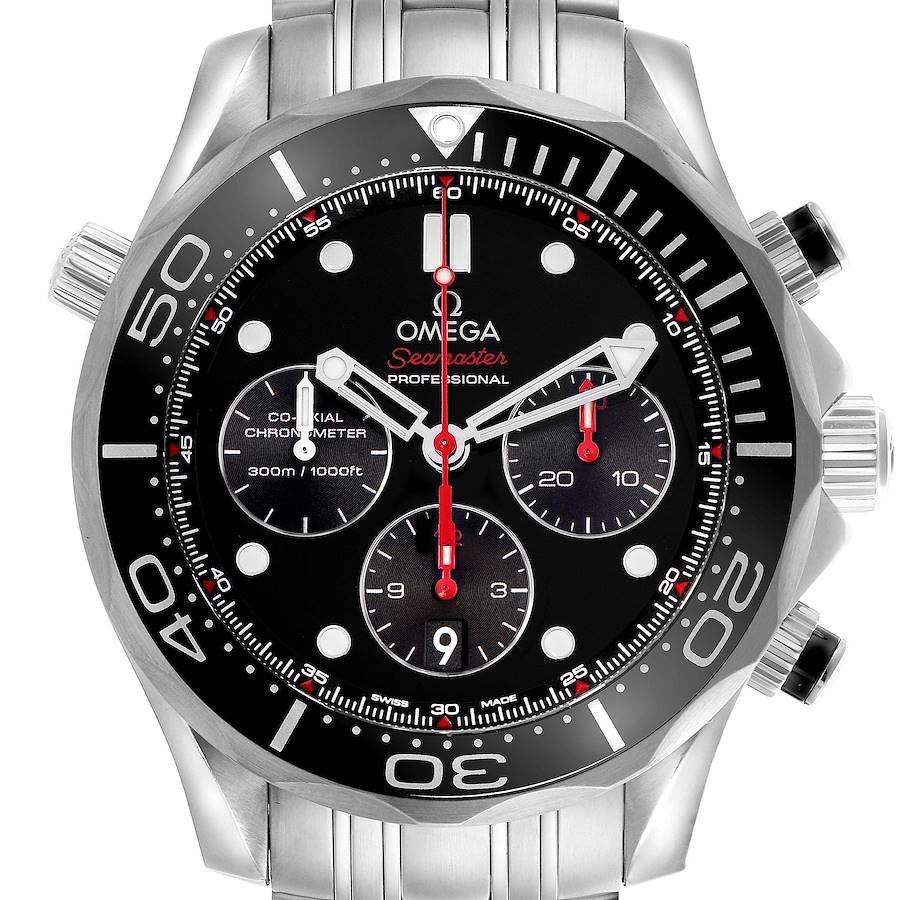 The Omega Seamaster watch is shown from a front angle, highlighting its bezel, dial, crown, and pushers.