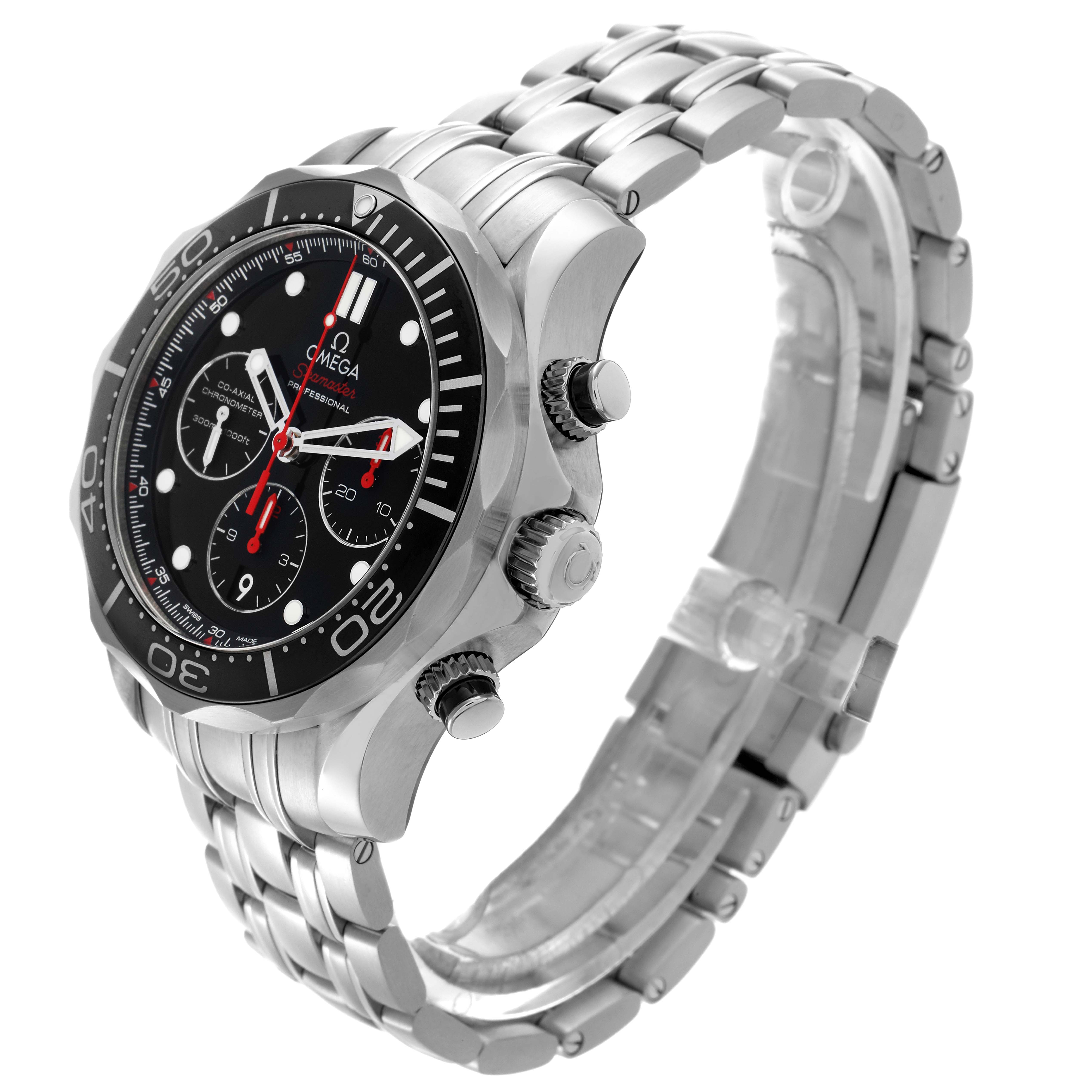 The Omega Seamaster 212.30.44.50.01.001 Men's Stainless Steel Black Dial 212.30.44.50.01.001 Men's Stainless Steel Black Dial watch is shown at a three-quarter angle, displaying the face, bezel, crown, and bracelet.