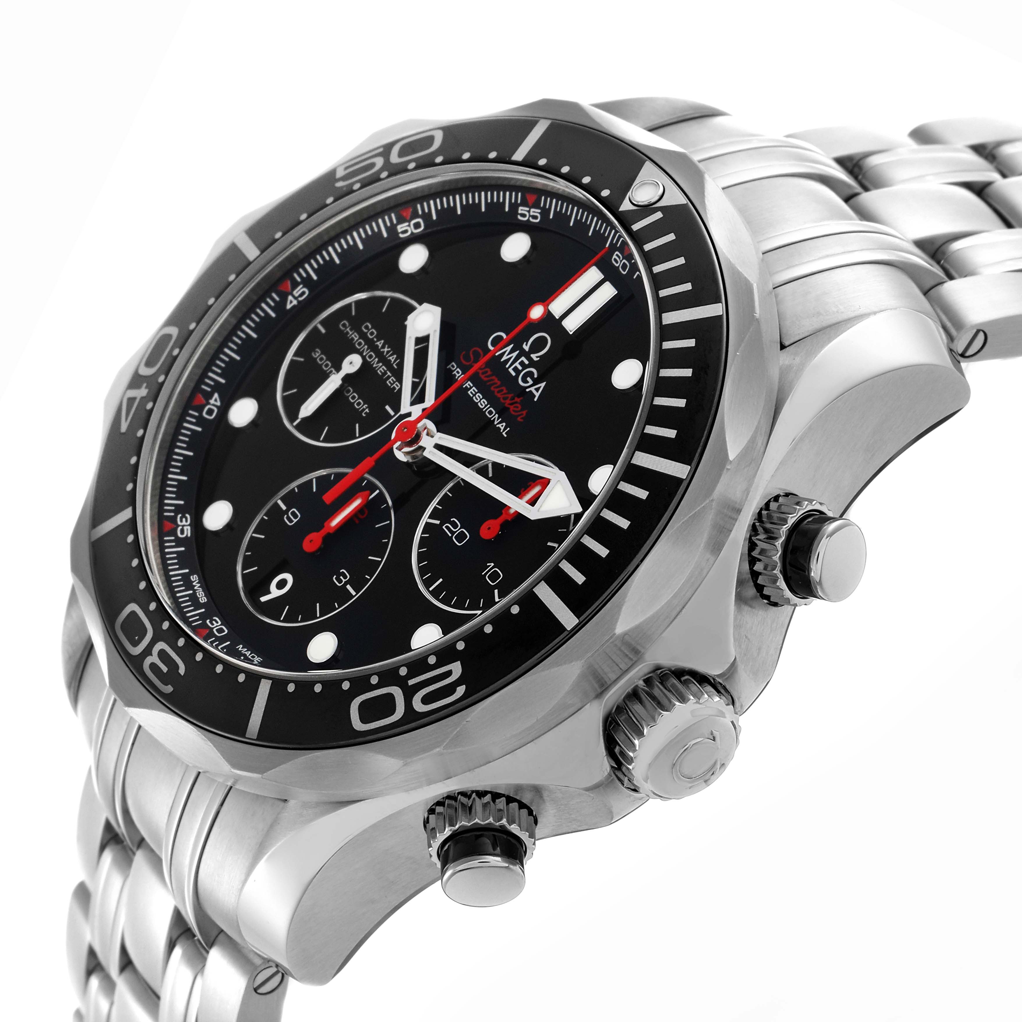 The Omega Seamaster 212.30.44.50.01.001 Men's Stainless Steel Black Dial 212.30.44.50.01.001 Men's Stainless Steel Black Dial watch is shown at an angle highlighting the bezel, dial, crown, pushers, and metal bracelet.