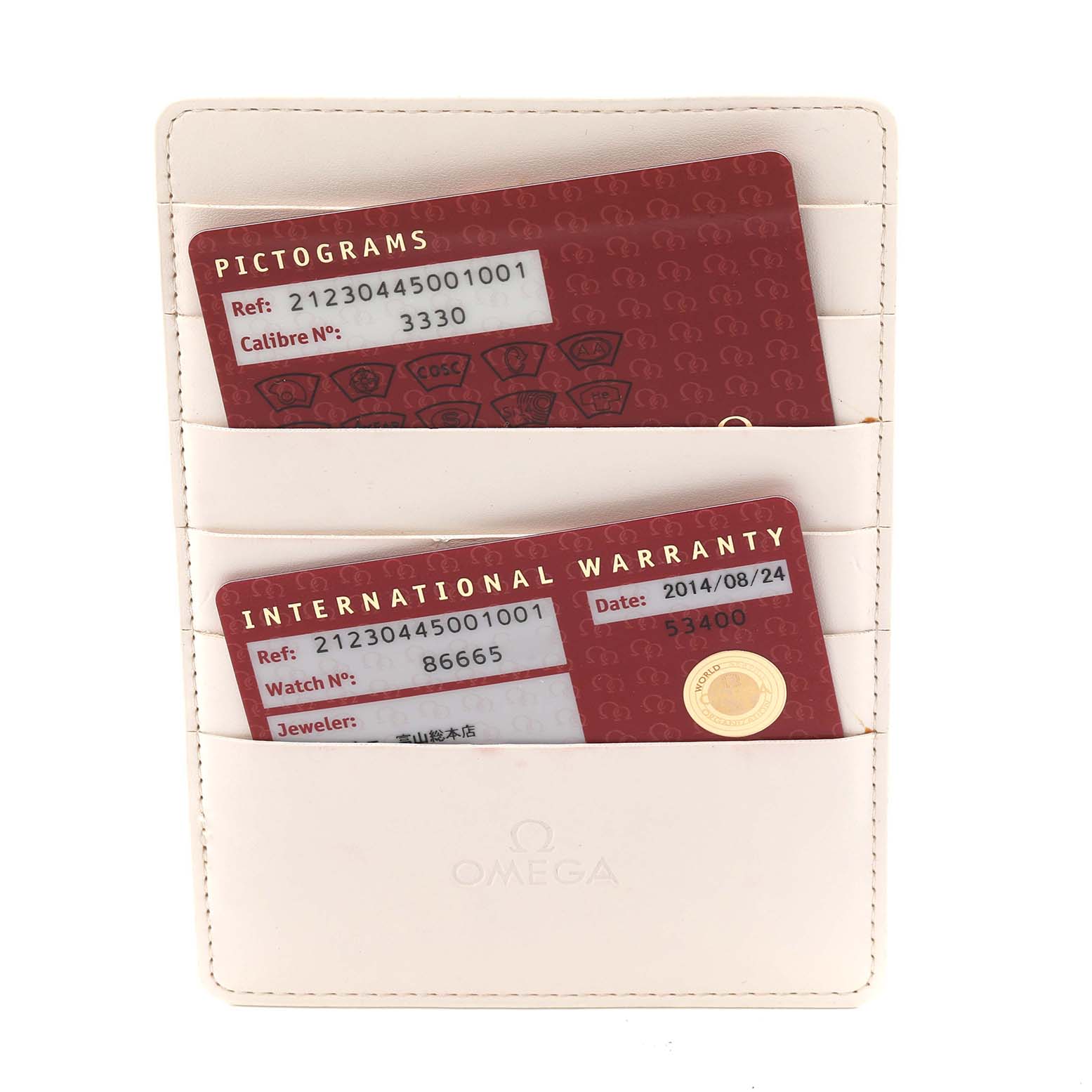 The image shows Omega Seamaster 212.30.44.50.01.001 Men's Stainless Steel Black Dial 212.30.44.50.01.001 Men's Stainless Steel Black Dial pictograms and warranty cards in a cardholder.