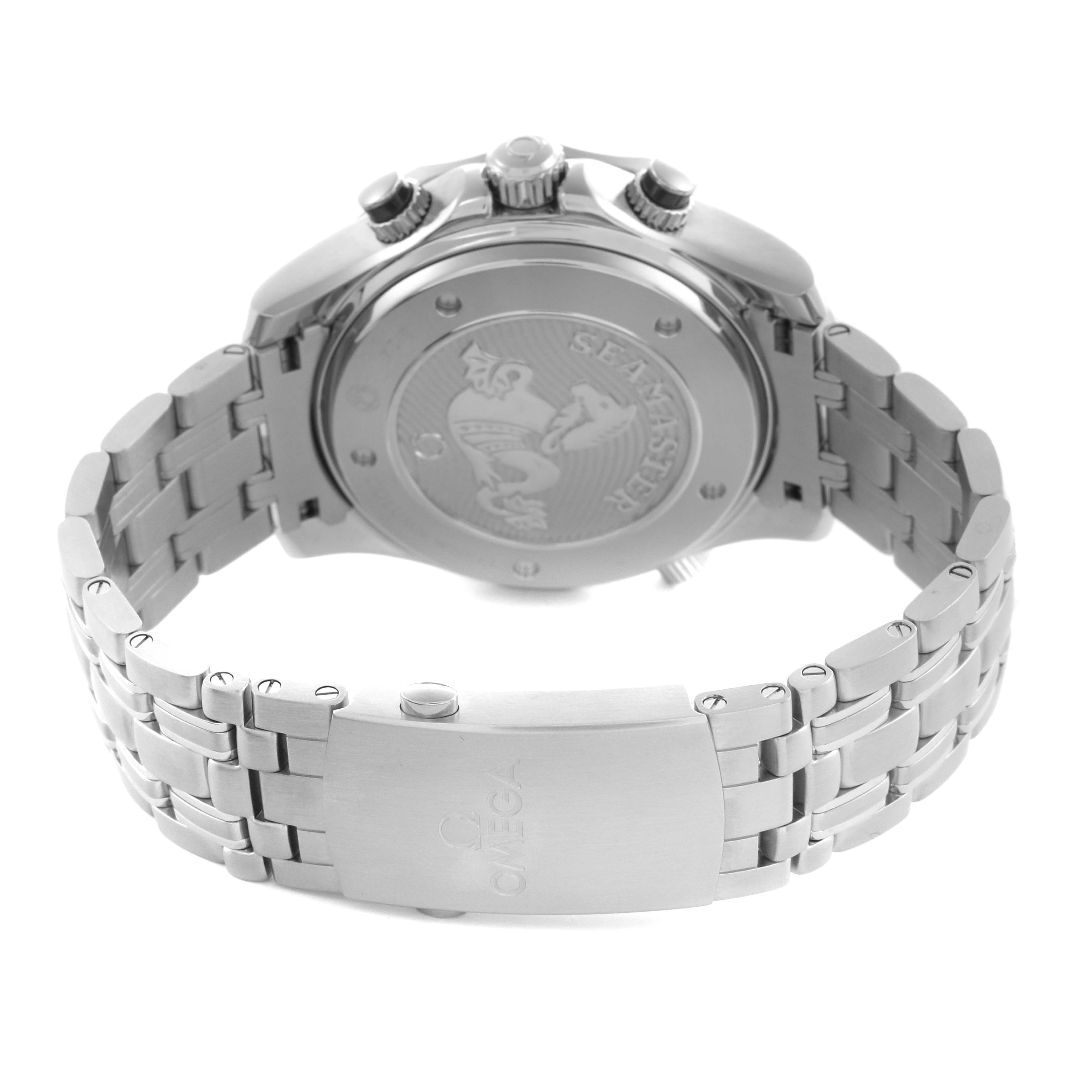 The image shows the back of an Omega Seamaster 212.30.44.50.01.001 Men's Stainless Steel Black Dial 212.30.44.50.01.001 Men's Stainless Steel Black Dial watch, focusing on the metal bracelet and engraved case back.