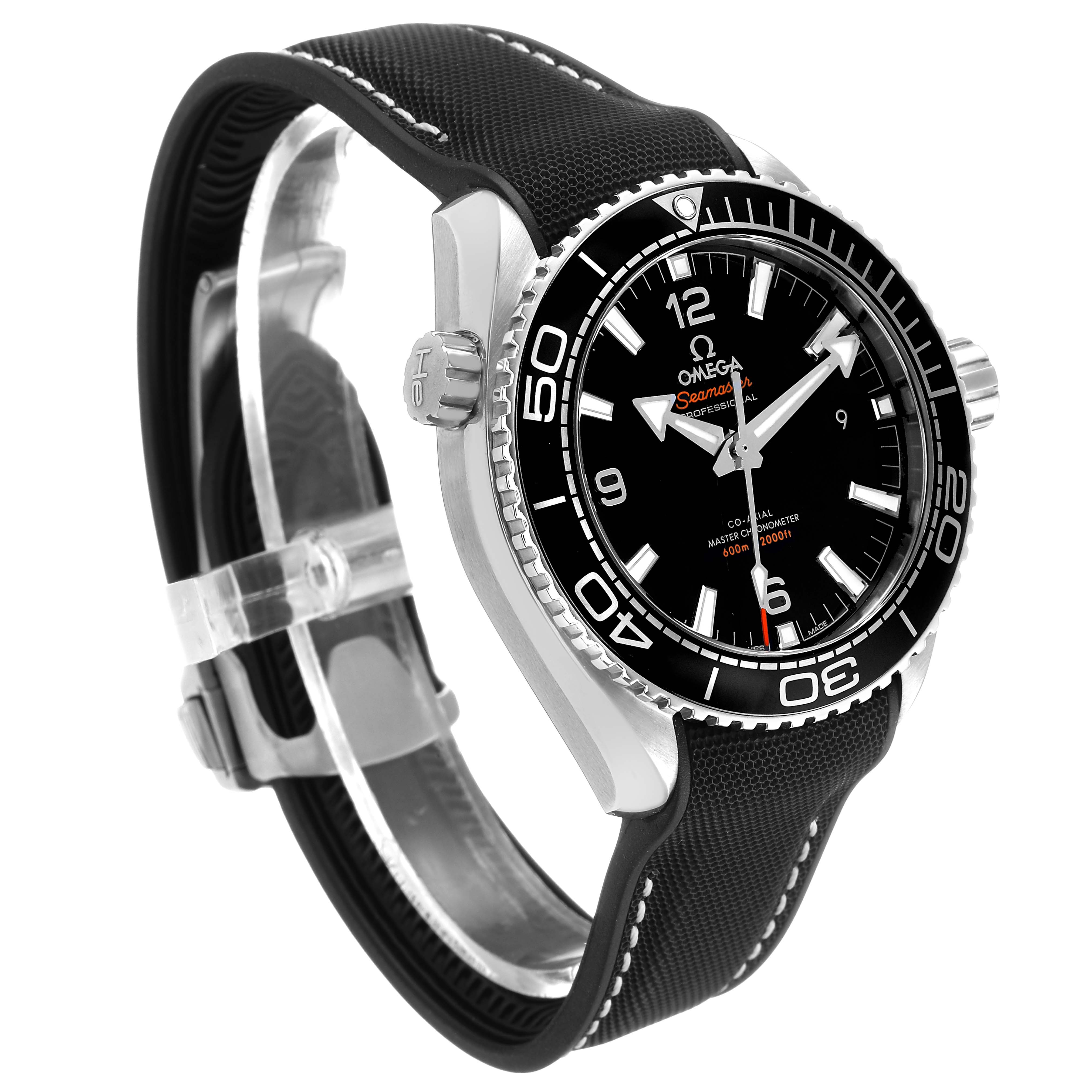 The Omega Seamaster 215.33.44.21.03.001 Men's Stainless Steel Black Dial watch is shown in a three-quarter side angle, highlighting the bezel, crown, dial, and strap.