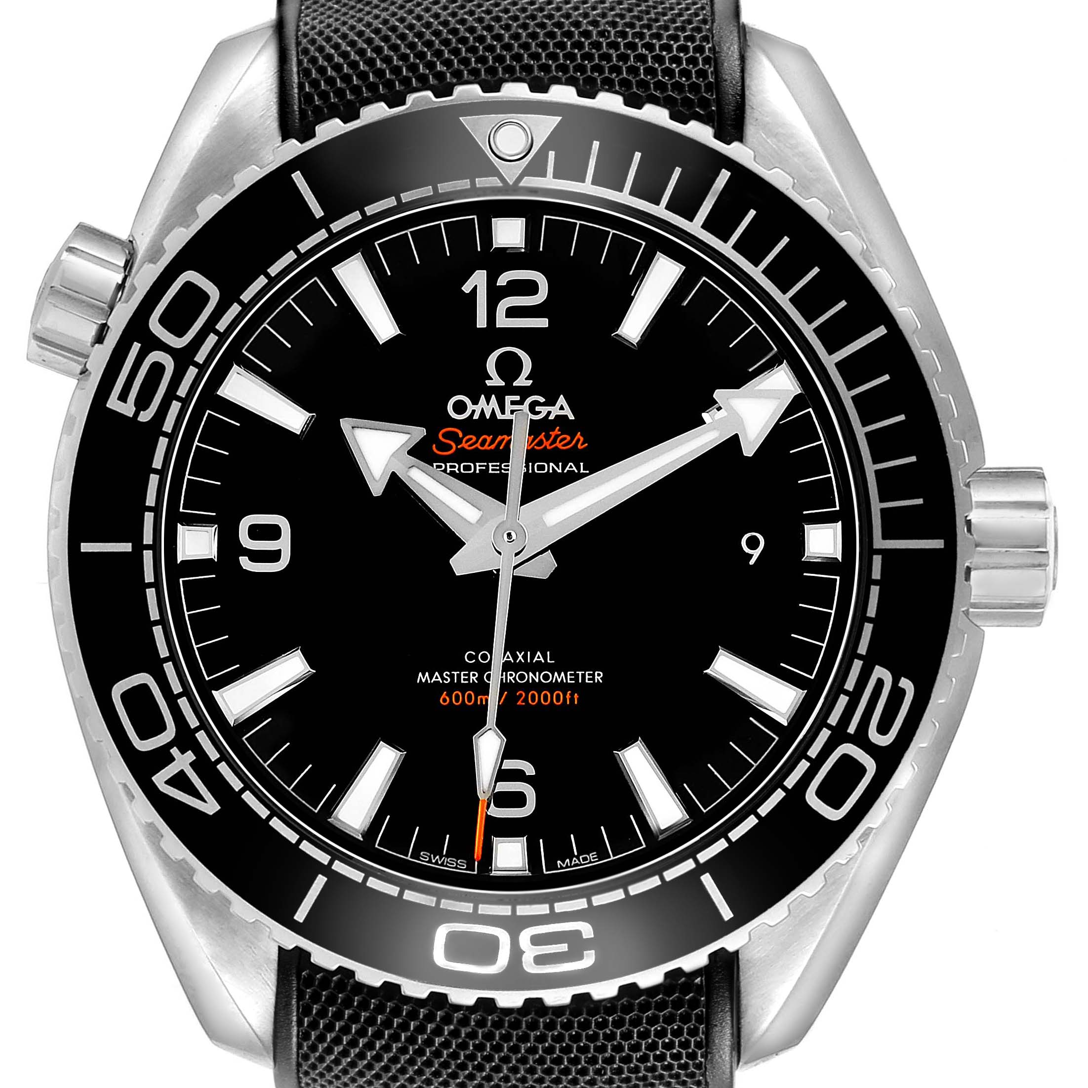 The Omega Seamaster 215.33.44.21.03.001 Men's Stainless Steel Black Dial watch is shown from the front, highlighting the face, bezel, and crown.