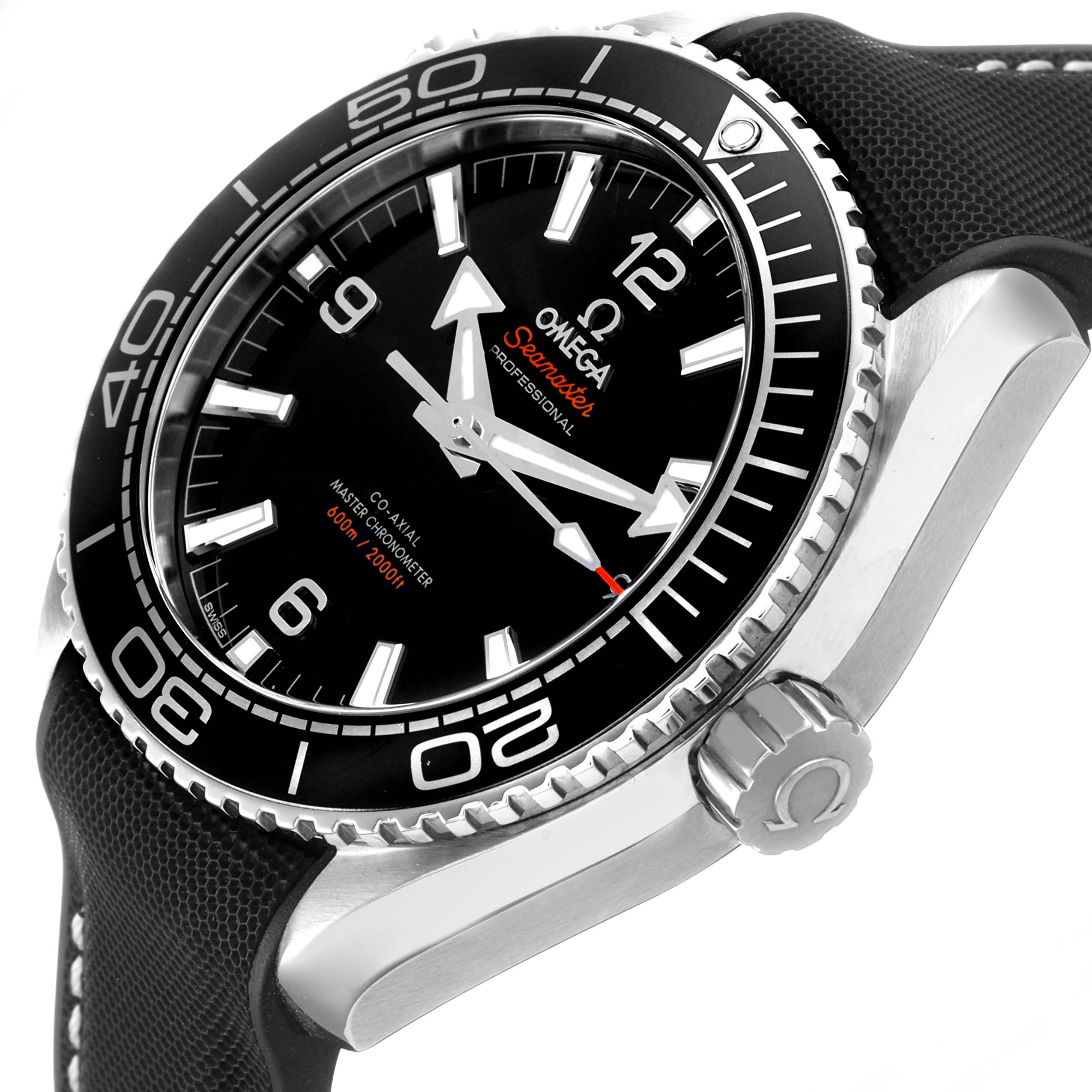 The Omega Seamaster 215.33.44.21.03.001 Men's Stainless Steel Black Dial model is shown at a slight angle, highlighting the bezel, crown, and black dial with white markers.