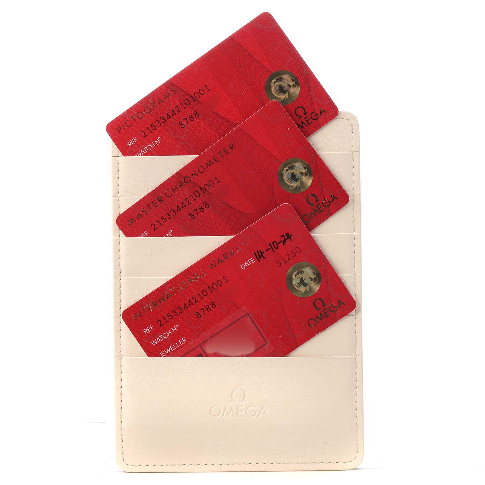 The image shows Omega Seamaster 215.33.44.21.03.001 Men's Stainless Steel Black Dial authenticity and warranty cards in a wallet.