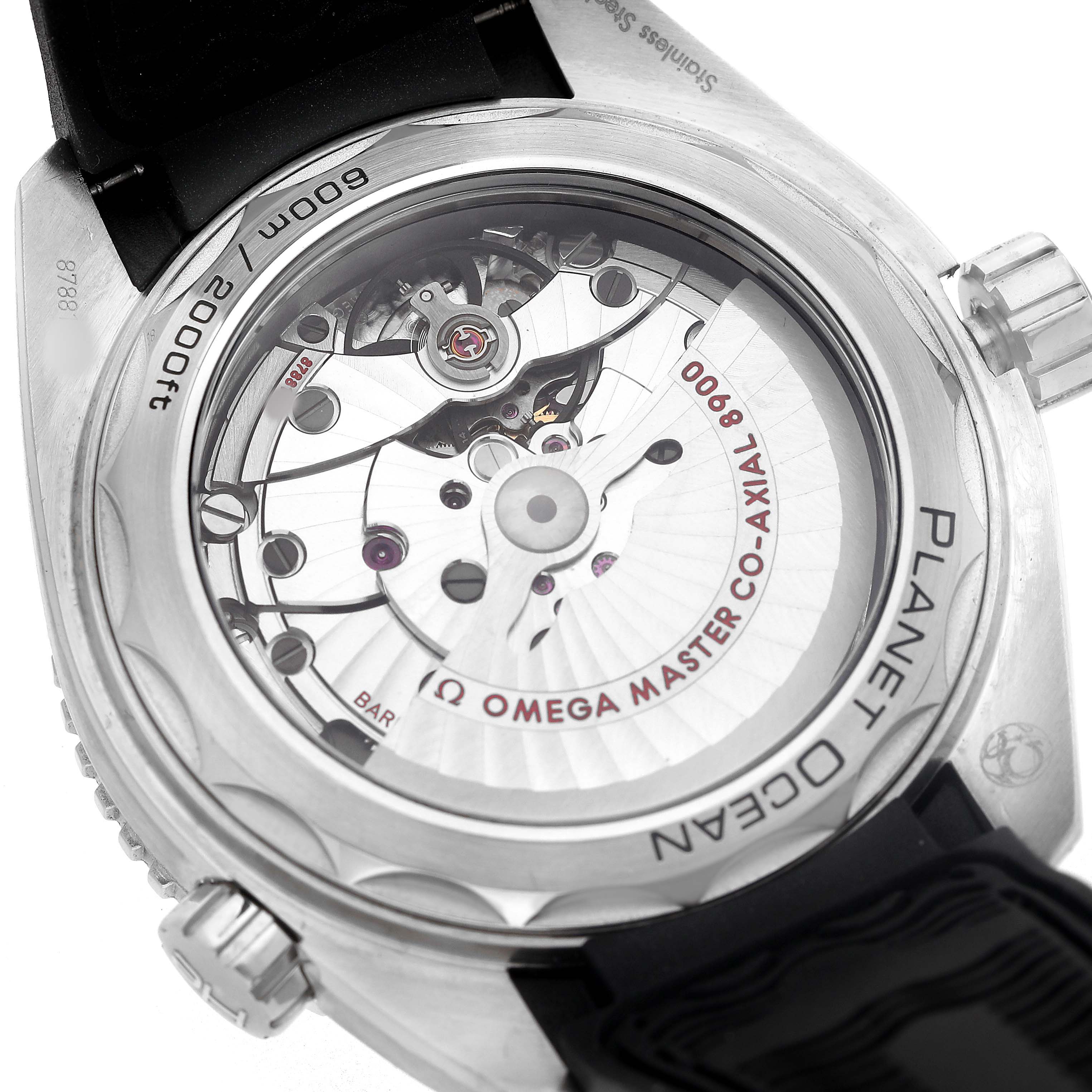 The image shows the back view of an Omega Seamaster 215.33.44.21.03.001 Men's Stainless Steel Black Dial, highlighting its transparent case back and internal mechanisms.