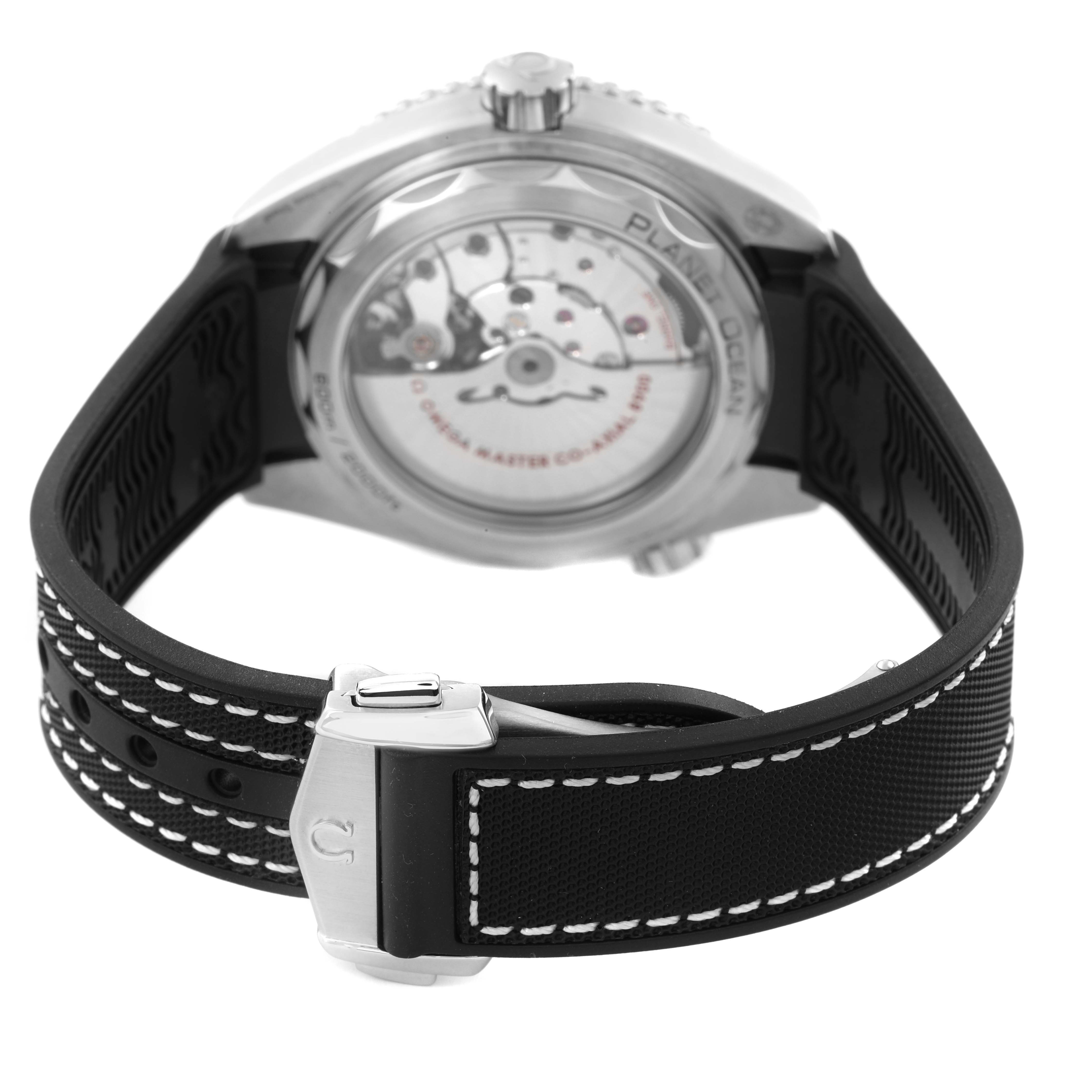 The Omega Seamaster 215.33.44.21.03.001 Men's Stainless Steel Black Dial watch is shown from the back, highlighting the case back and rubber strap with a clasp.