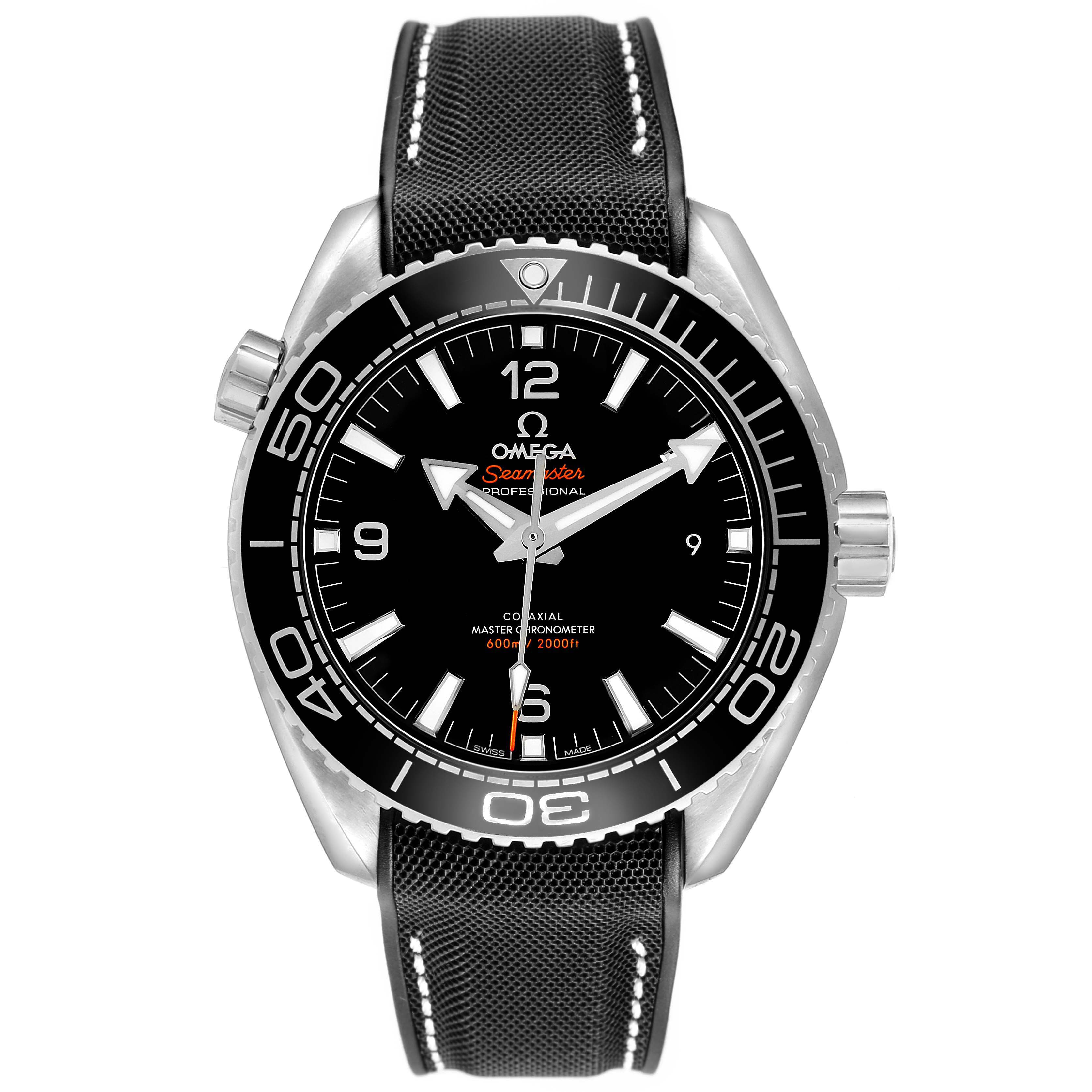 The Omega Seamaster 215.33.44.21.03.001 Men's Stainless Steel Black Dial watch is shown from a front angle, highlighting the dial, bezel, and strap.