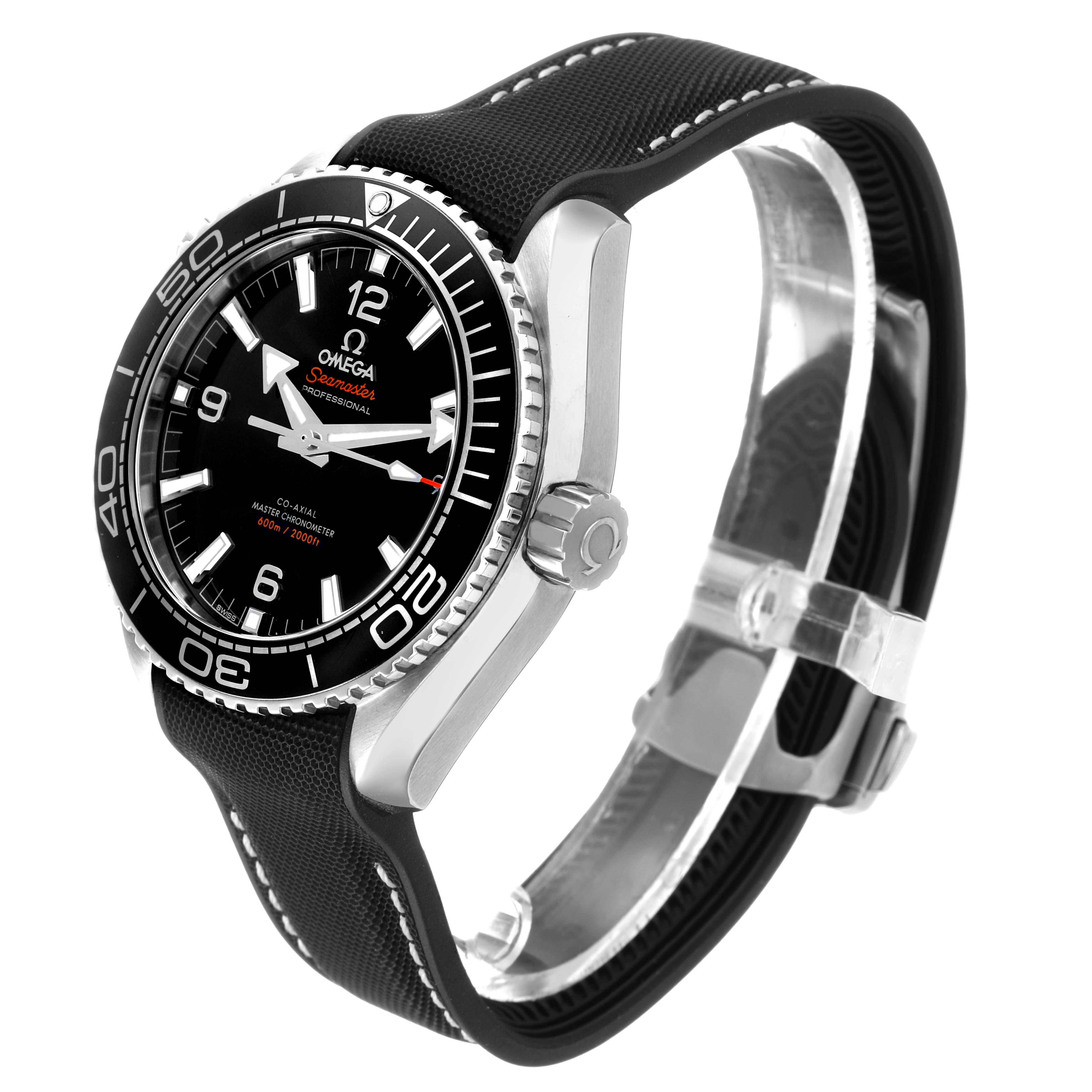 The Omega Seamaster 215.33.44.21.03.001 Men's Stainless Steel Black Dial model is shown from a three-quarter angle, highlighting the bezel, face, crown, and strap.