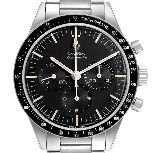 The Omega Speedmaster 311.30.40.30.01.001 Men's Stainless Steel Black Dial watch is shown from a front angle, highlighting the dial, bezel, and stainless steel bracelet.