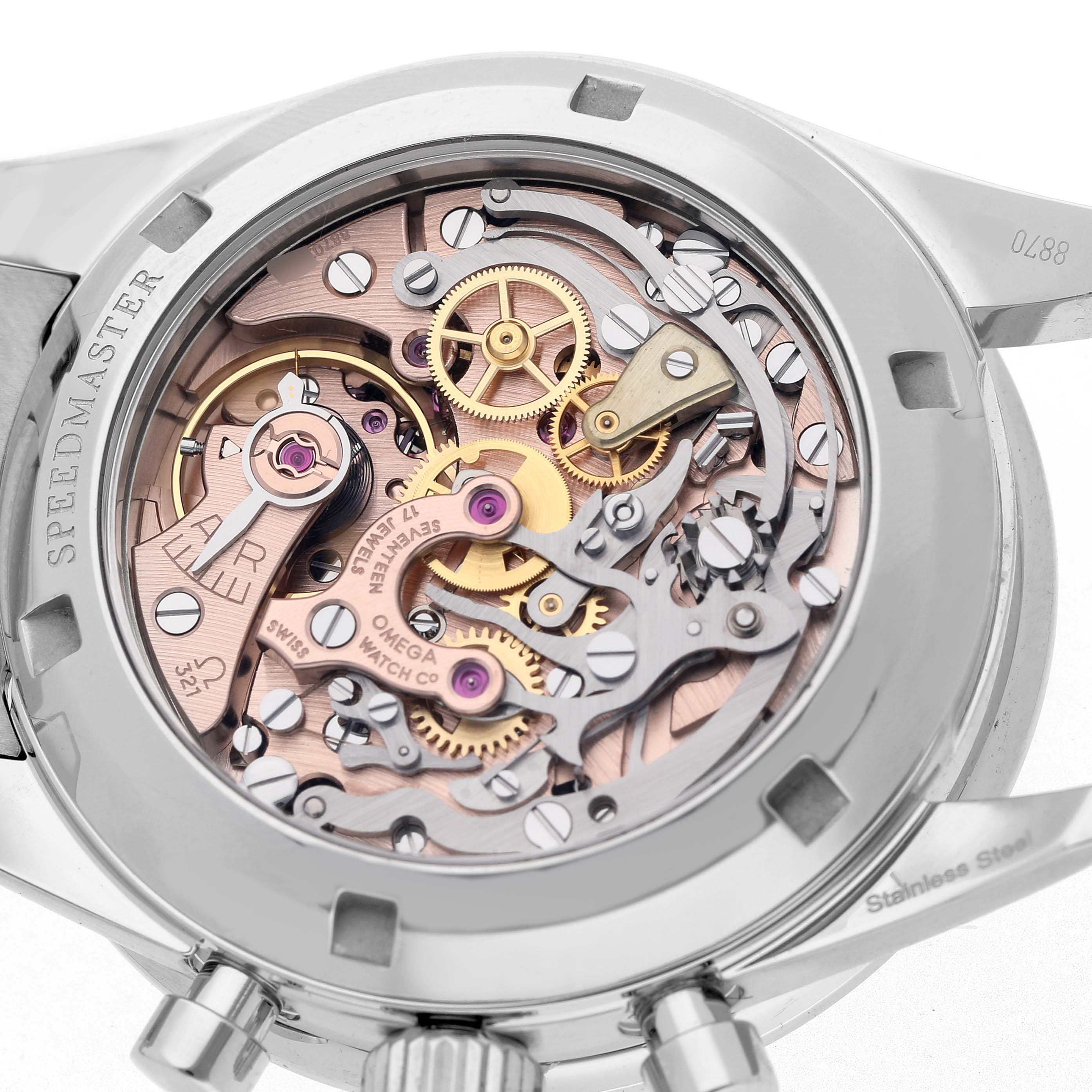 The image shows the back of an Omega Speedmaster 311.30.40.30.01.001 Men's Stainless Steel Black Dial, revealing the intricate mechanical movement.