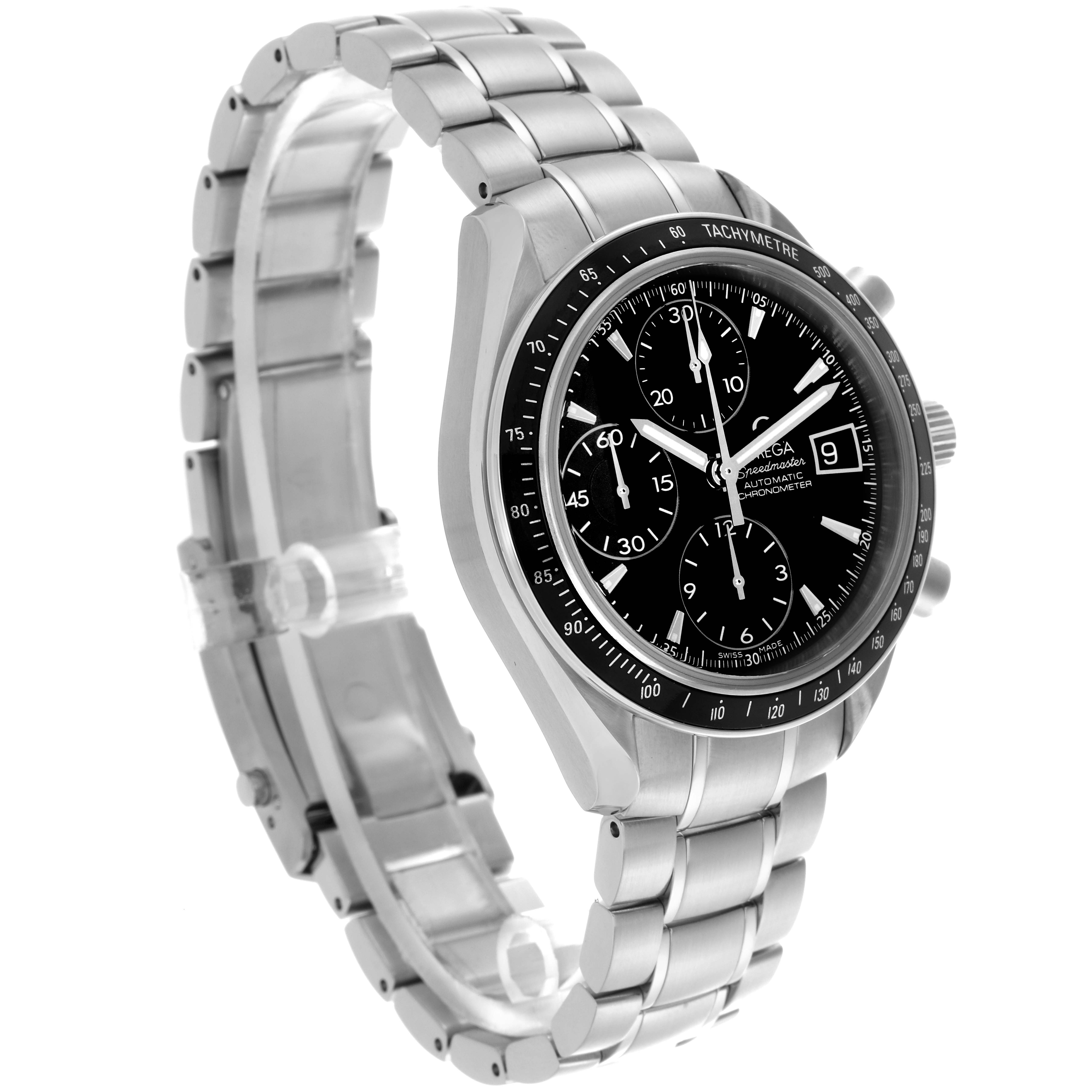 The Omega Speedmaster 3210.50.00 Men's Stainless Steel Black Dial 3210.50.00 Men's Stainless Steel Black Dial watch is shown at a three-quarter angle, highlighting the face, bezel, and metal bracelet.