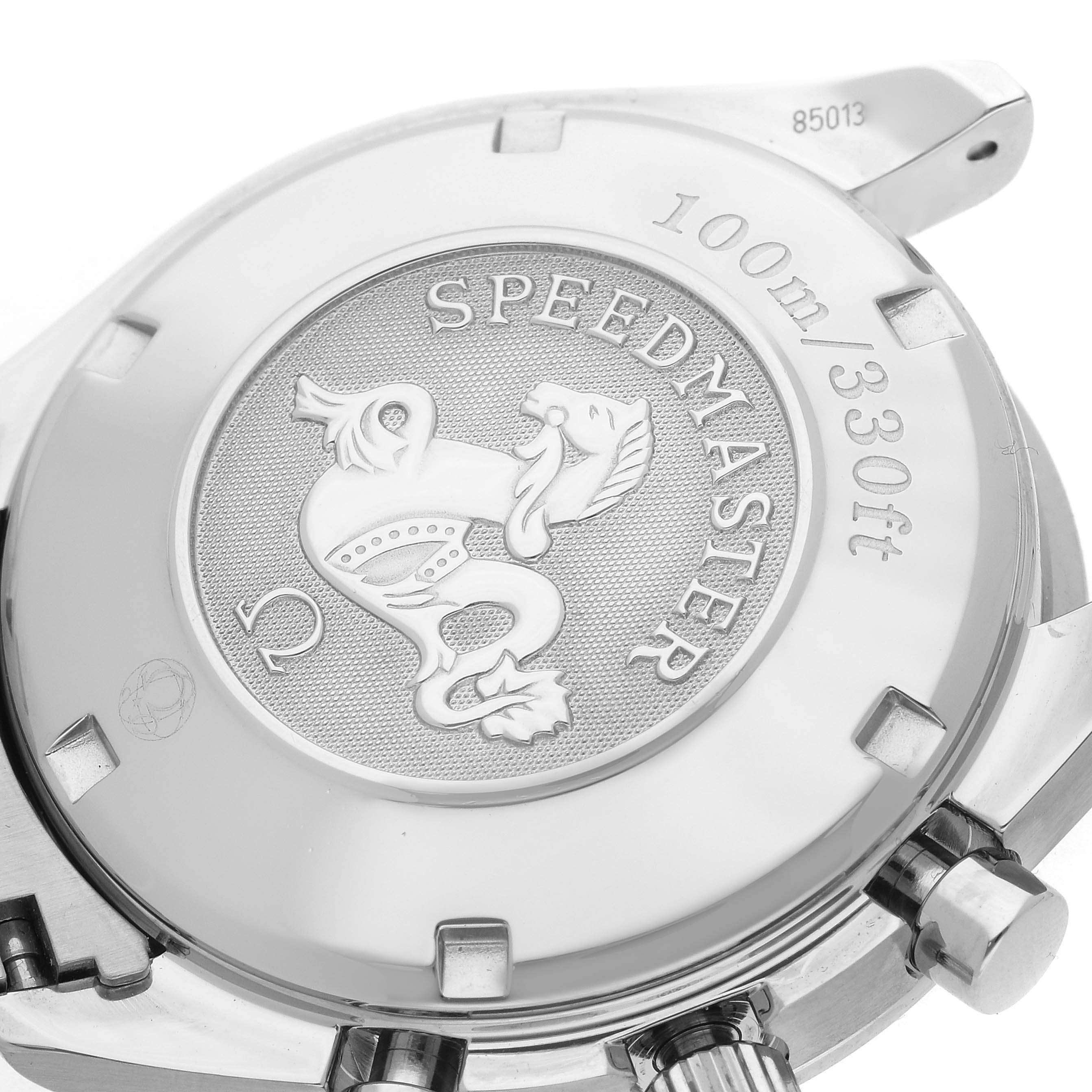 The image shows the case back of an Omega Speedmaster 3210.50.00 Men's Stainless Steel Black Dial 3210.50.00 Men's Stainless Steel Black Dial watch, featuring an emblem and "100m/330ft" engraving.