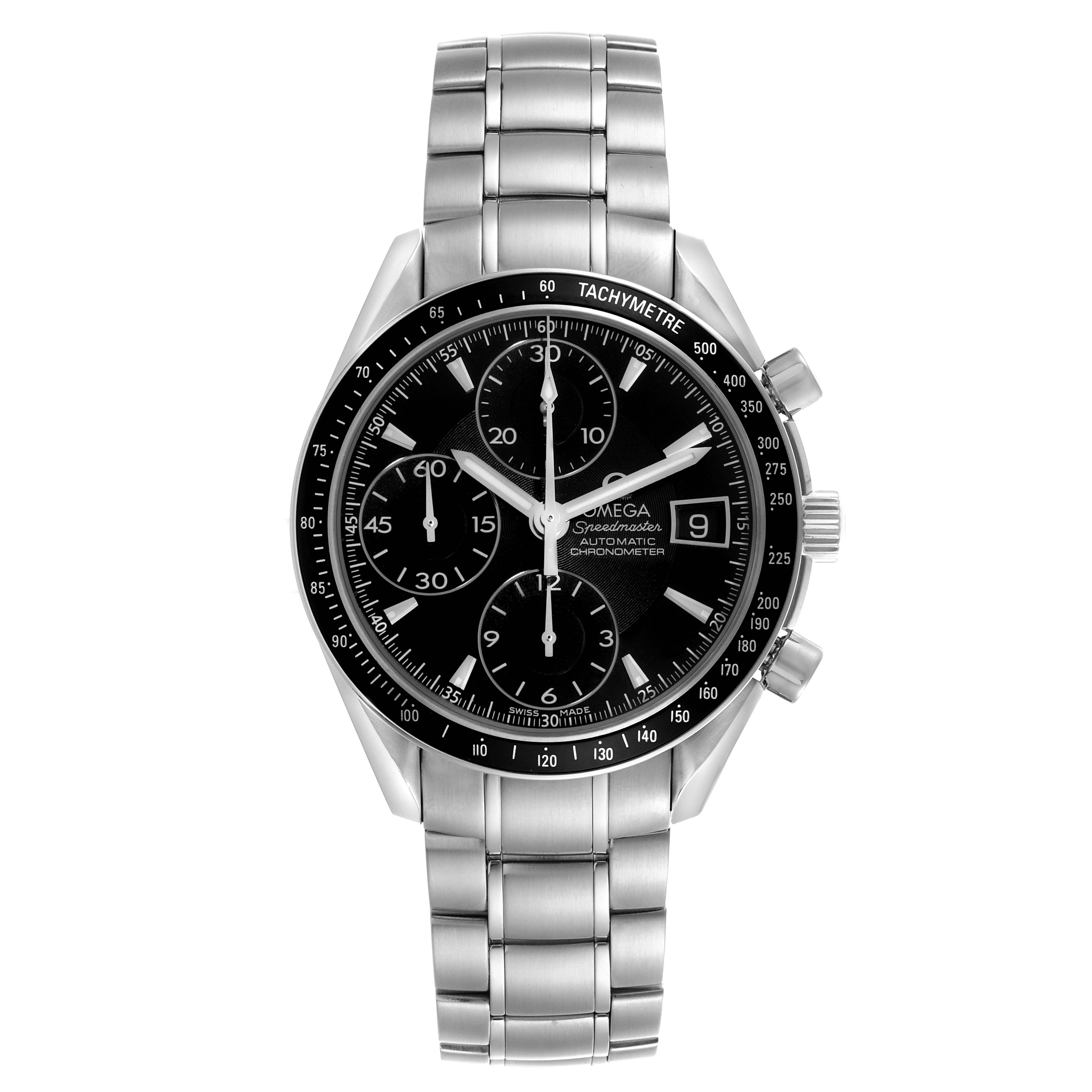 The Omega Speedmaster 3210.50.00 Men's Stainless Steel Black Dial 3210.50.00 Men's Stainless Steel Black Dial watch is shown from the front, displaying the dial, bezel, and bracelet.