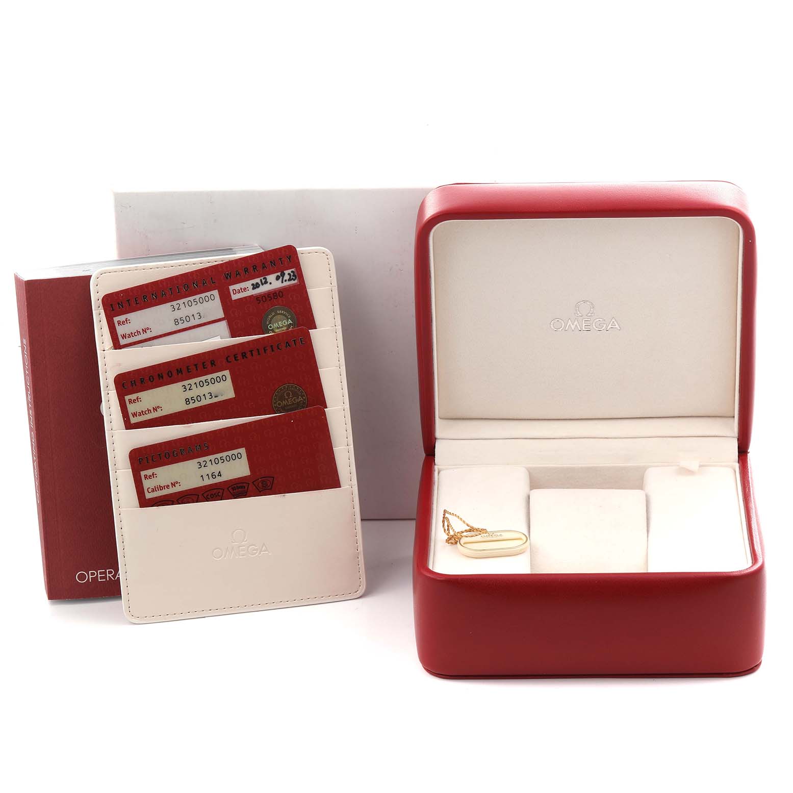 The image shows an Omega Speedmaster 3210.50.00 Men's Stainless Steel Black Dial 3210.50.00 Men's Stainless Steel Black Dial watch box, warranty and chronometer certificates, and branded booklet.